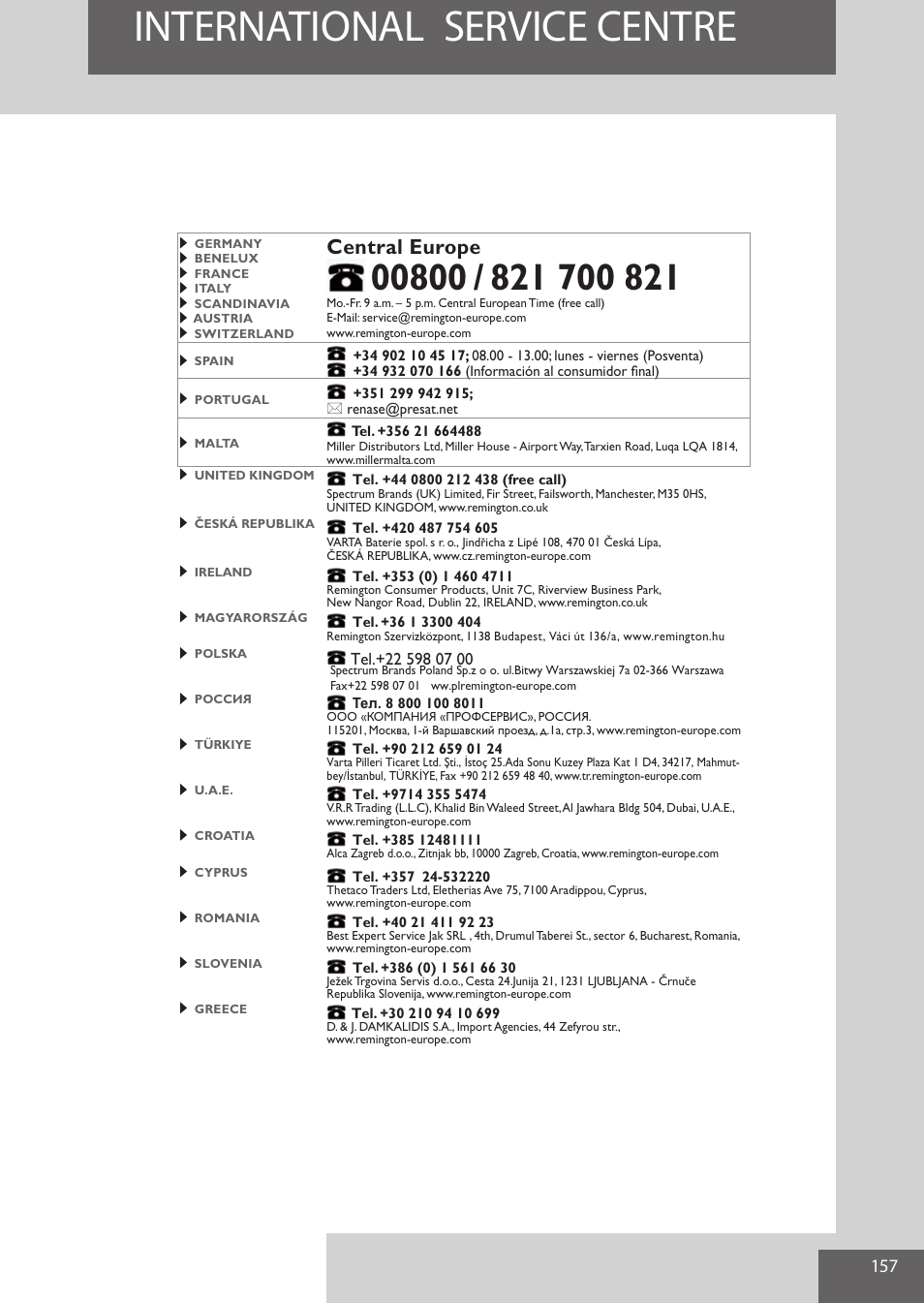 International service centre, Central europe | Remington HC5950 User Manual | Page 157 / 158