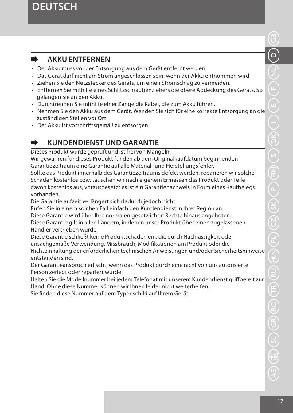 Deutsch, Eakku entfernen, Ekundendienst und garantie | Remington HC5950 User Manual | Page 17 / 158