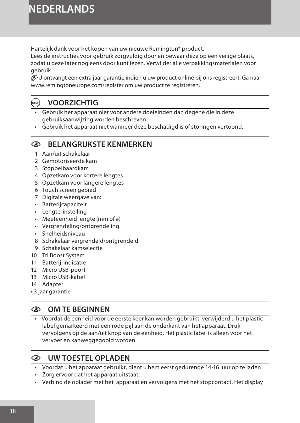 Nederlands, Avoorzichtig, Cbelangrijkste kenmerken | Com te beginnen, Cuw toestel opladen | Remington HC5950 User Manual | Page 18 / 158