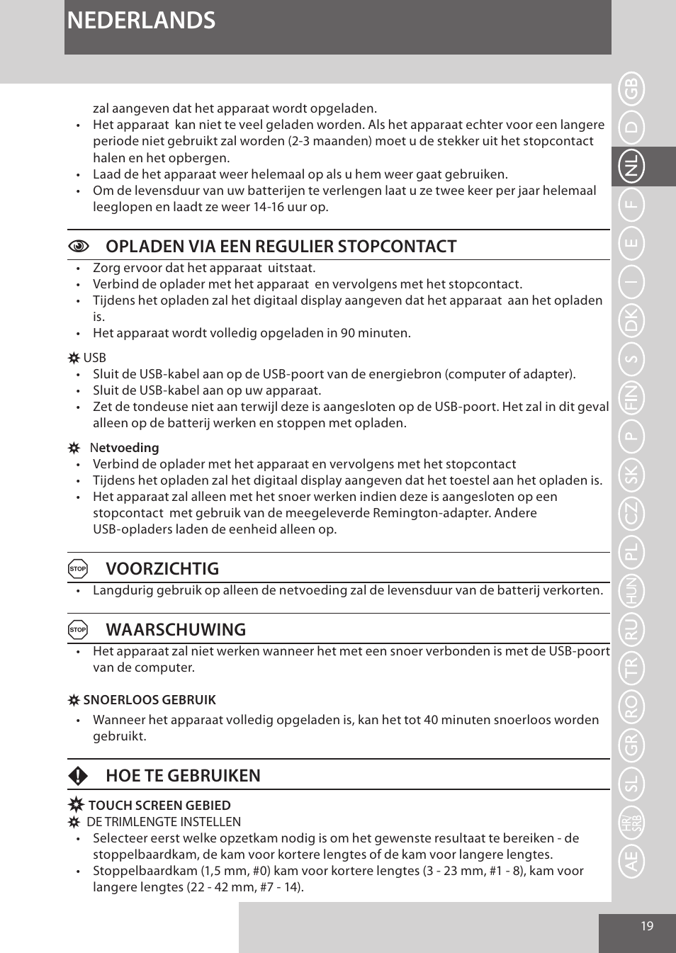 Nederlands, Copladen via een regulier stopcontact, Avoorzichtig | Awaarschuwing, Fhoe te gebruiken | Remington HC5950 User Manual | Page 19 / 158