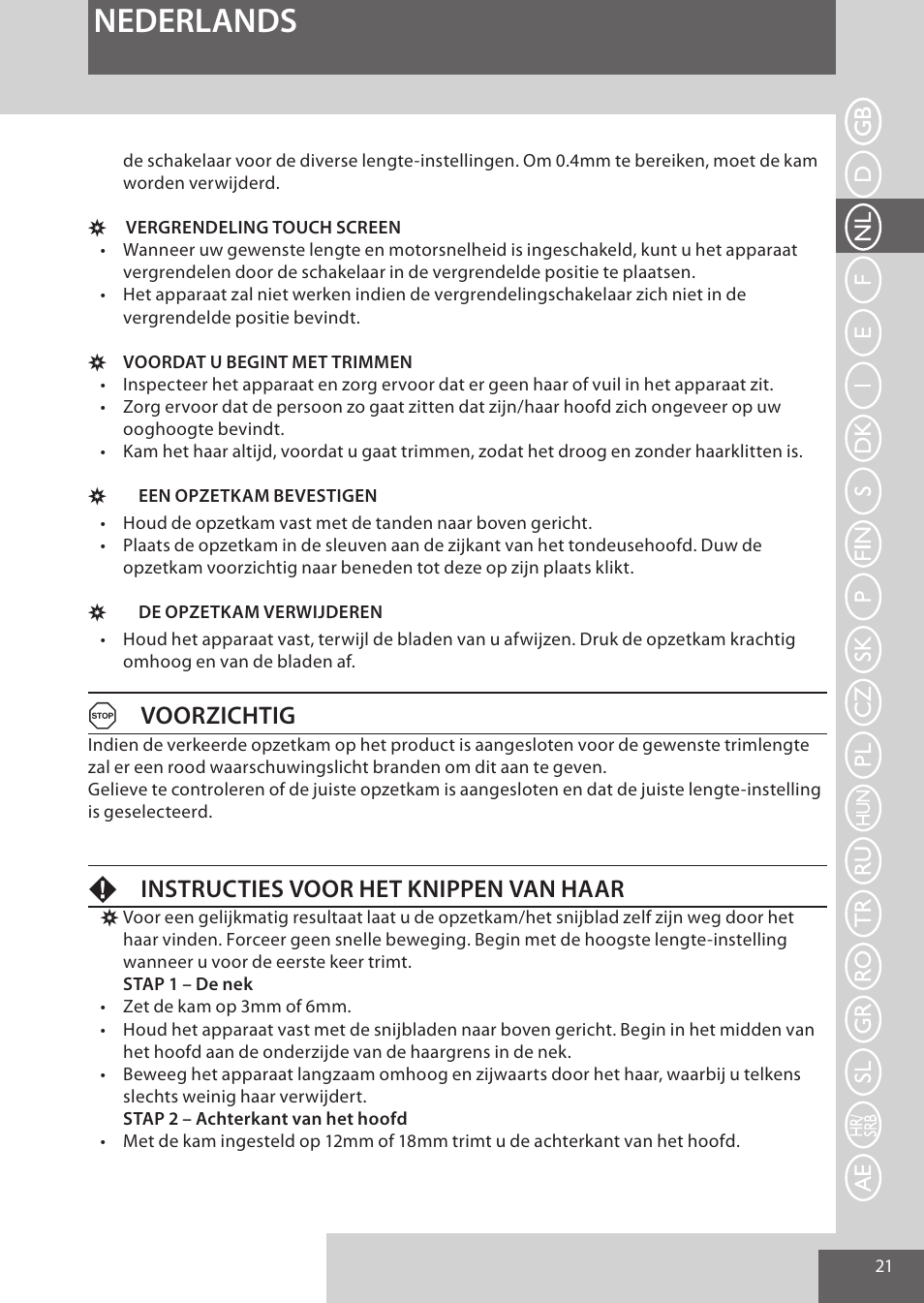 Nederlands, Avoorzichtig, Finstructies voor het knippen van haar | Remington HC5950 User Manual | Page 21 / 158