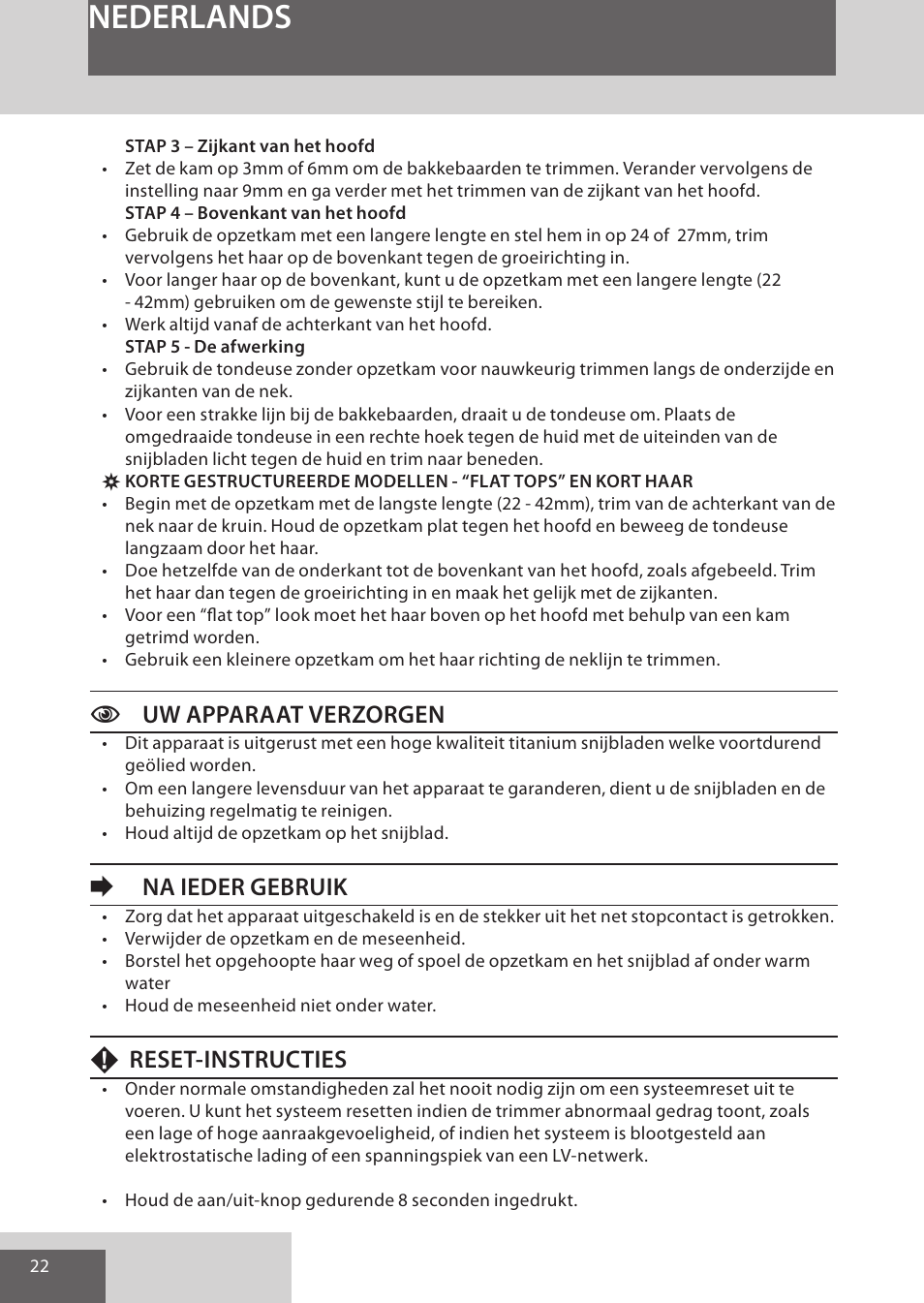 Nederlands, Cuw apparaat verzorgen, Ena ieder gebruik | Freset-instructies | Remington HC5950 User Manual | Page 22 / 158