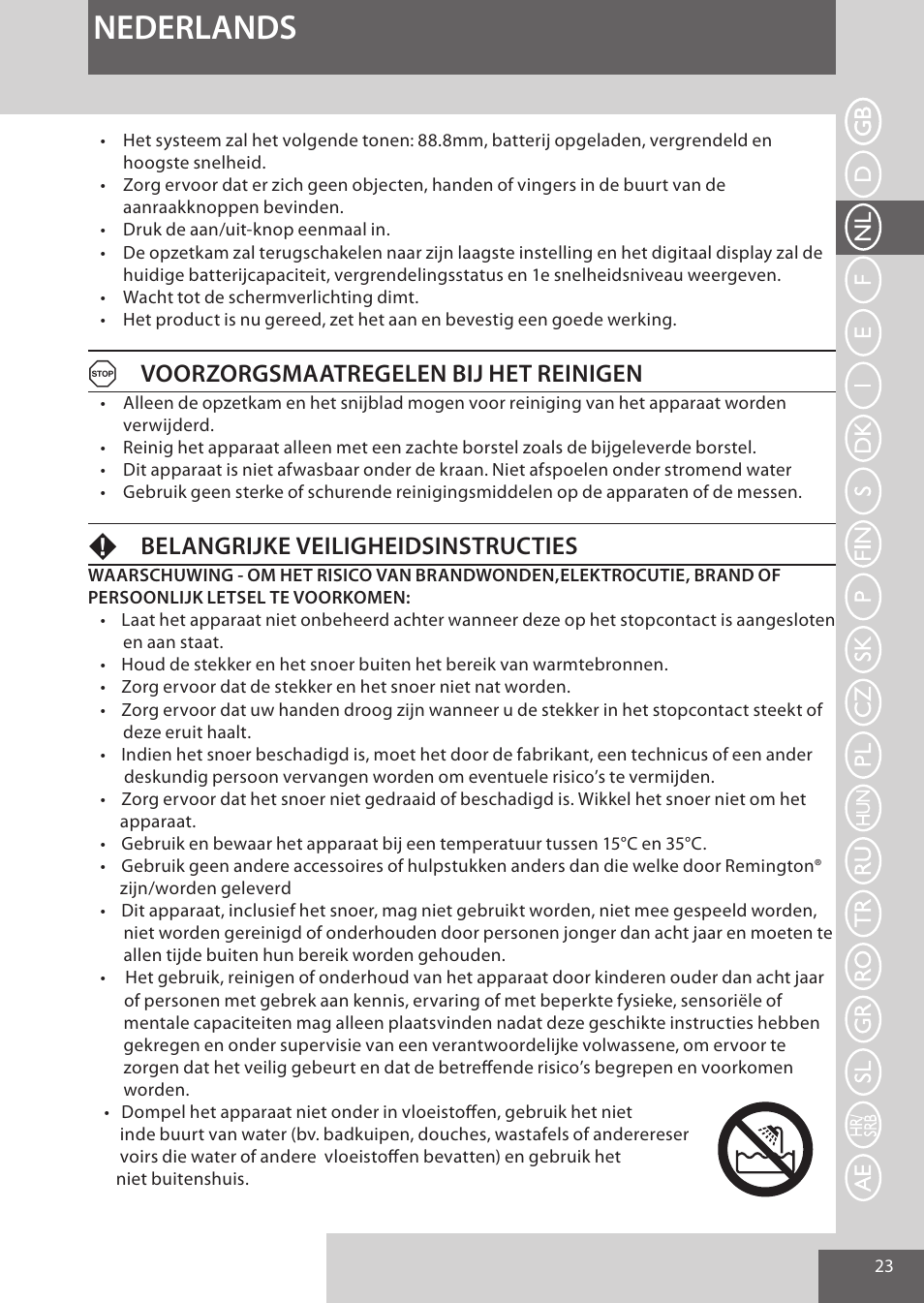 Nederlands, Avoorzorgsmaatregelen bij het reinigen, Fbelangrijke veiligheidsinstructies | Remington HC5950 User Manual | Page 23 / 158