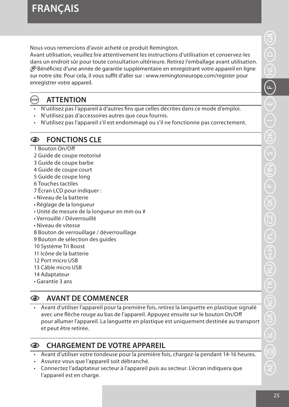 Français, Aattention, Cfonctions cle | Cavant de commencer, Cchargement de votre appareil | Remington HC5950 User Manual | Page 25 / 158