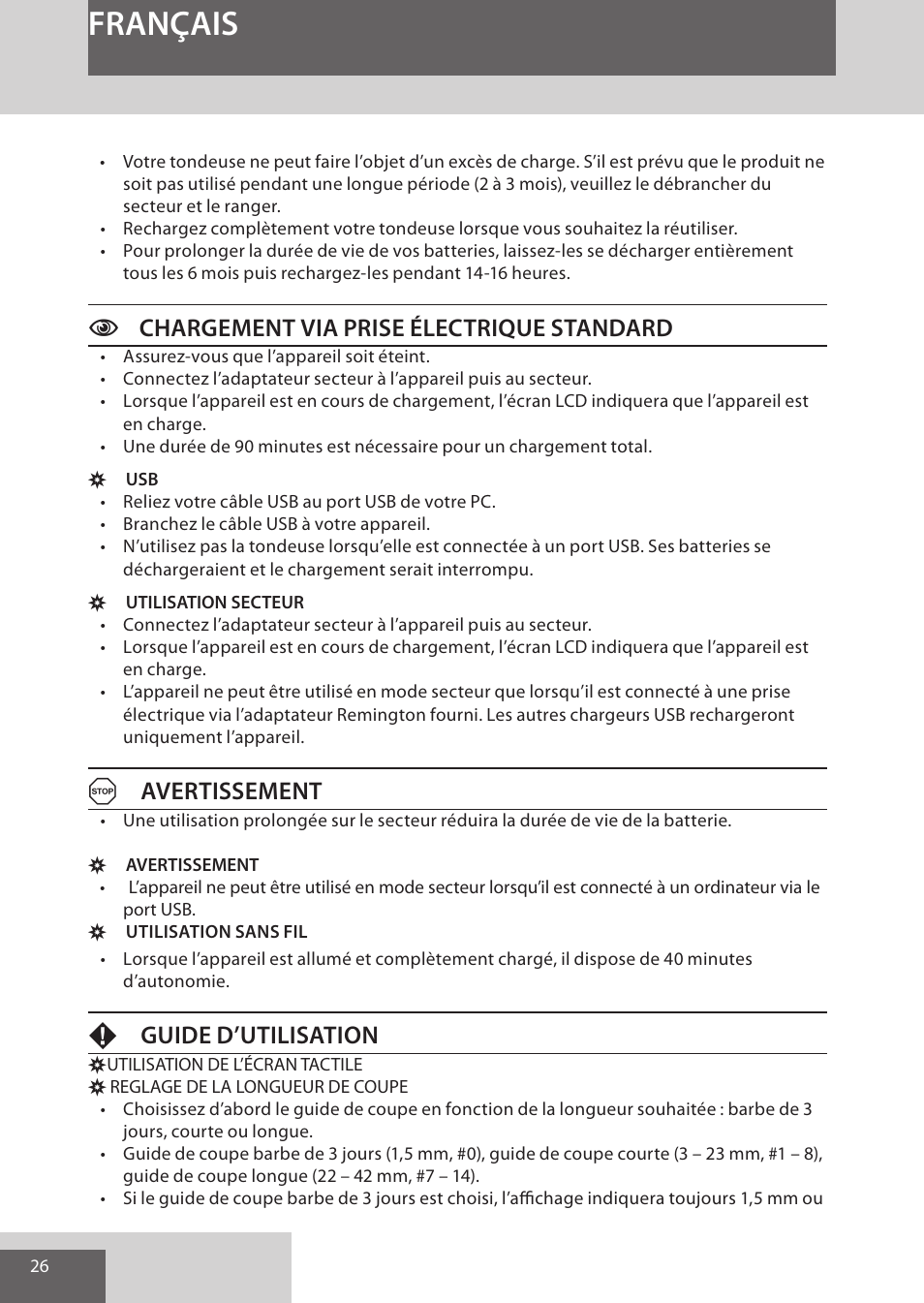 Français, Cchargement via prise électrique standard, Aavertissement | Fguide d’utilisation | Remington HC5950 User Manual | Page 26 / 158