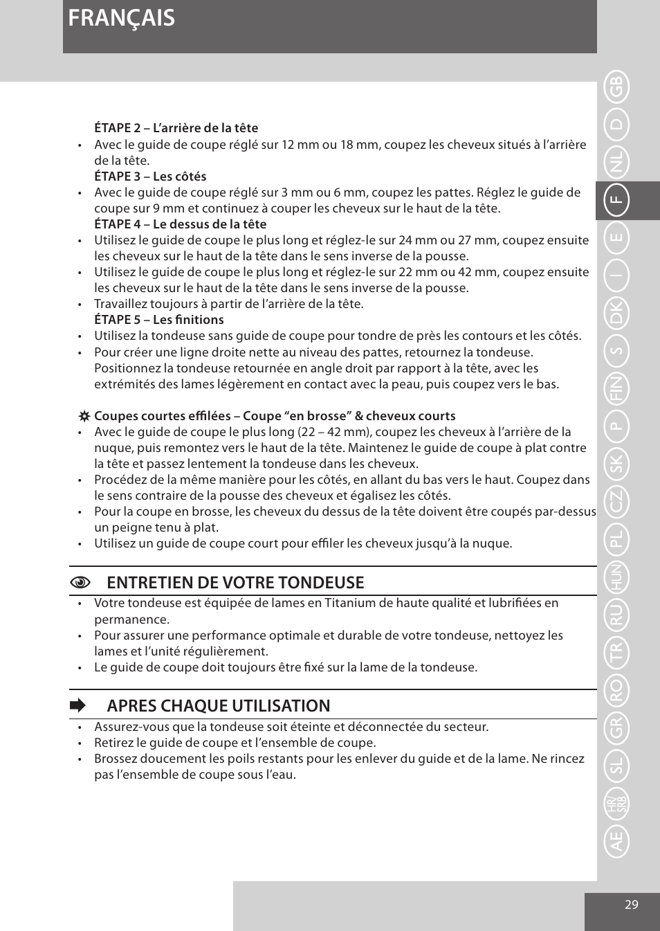 Français, Centretien de votre tondeuse, Eapres chaque utilisation | Remington HC5950 User Manual | Page 29 / 158