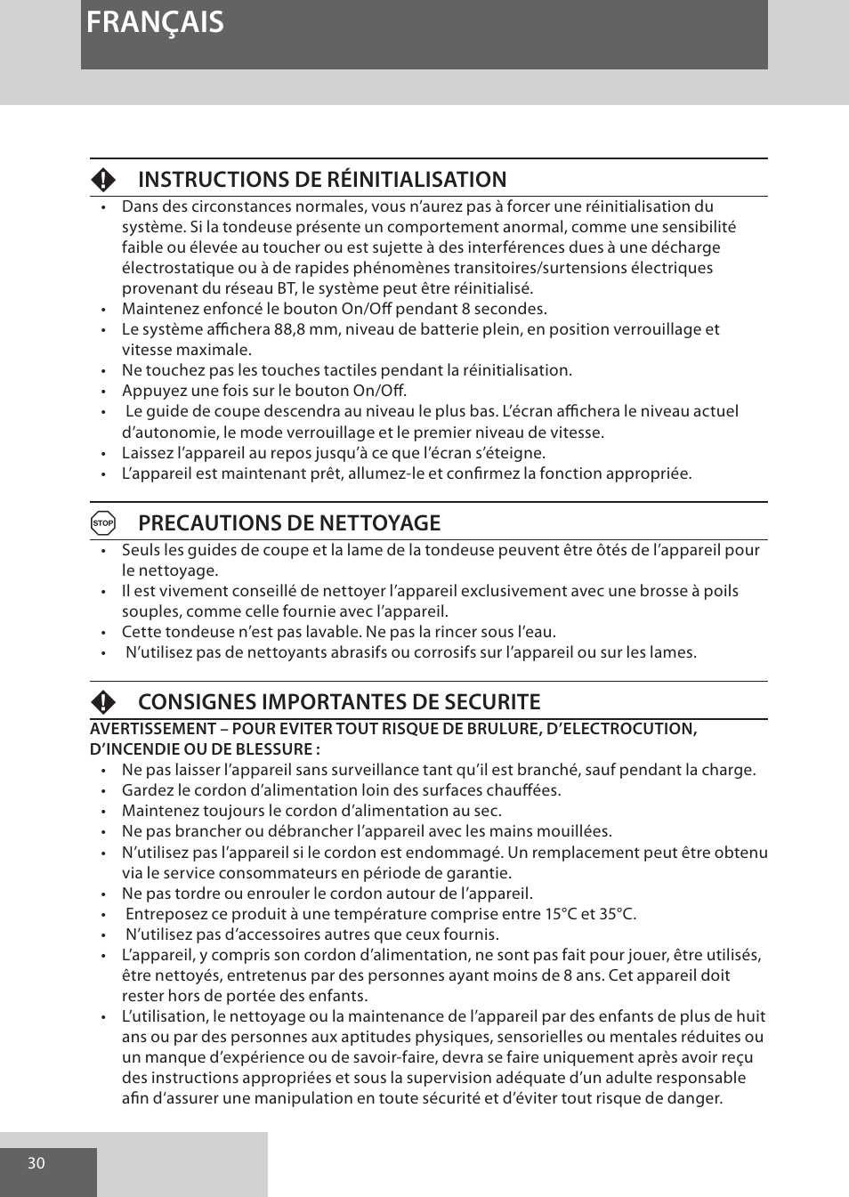 Français, Finstructions de réinitialisation, Aprecautions de nettoyage | Fconsignes importantes de securite | Remington HC5950 User Manual | Page 30 / 158