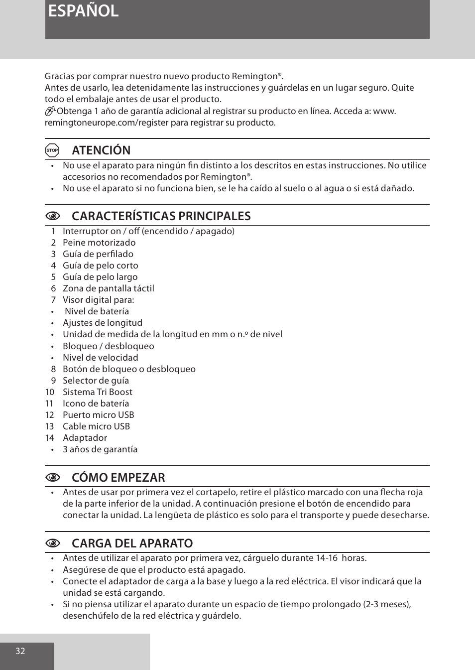 Español, Aatención, Ccaracterísticas principales | Ccómo empezar, Ccarga del aparato | Remington HC5950 User Manual | Page 32 / 158