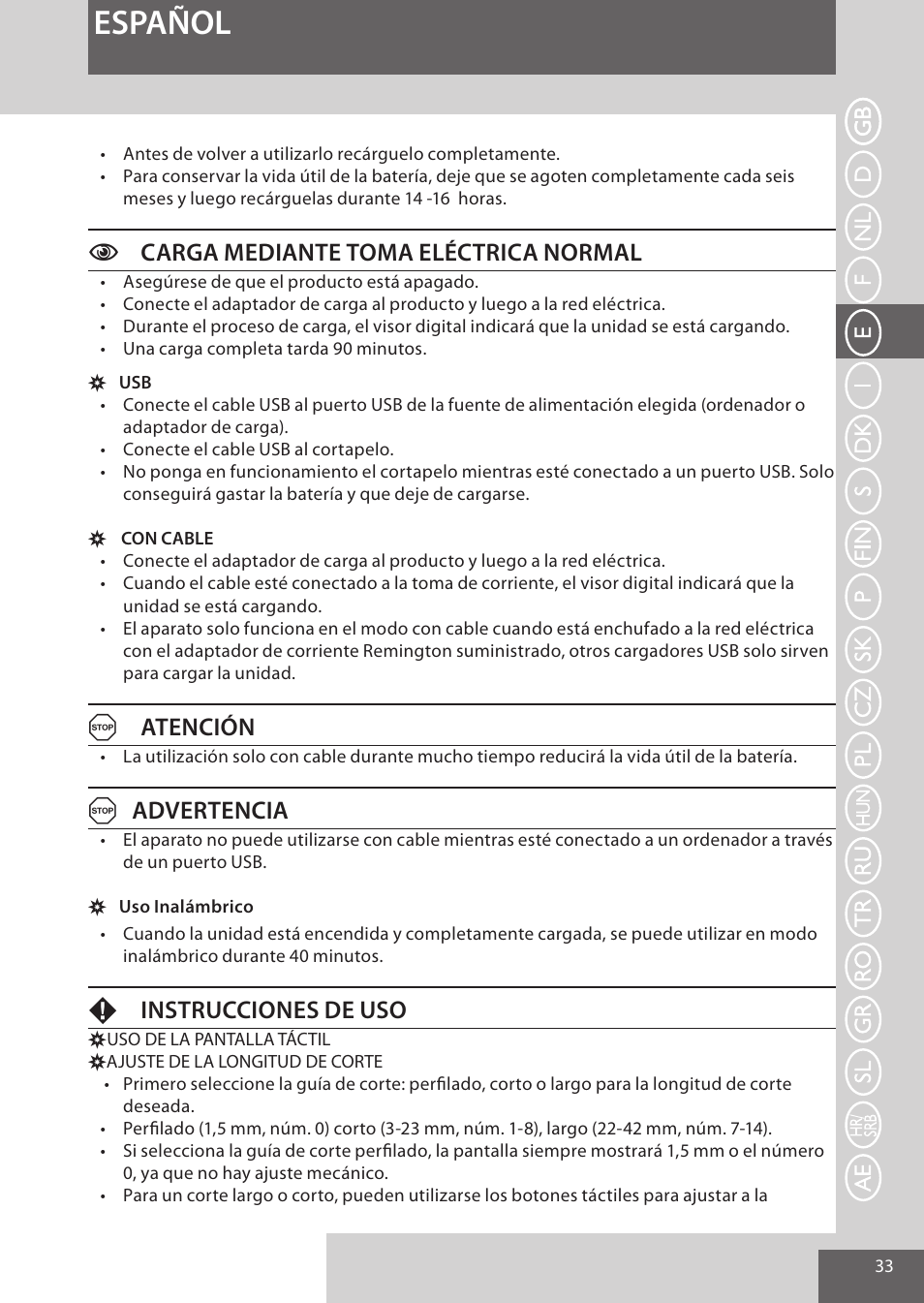 Español, Ccarga mediante toma eléctrica normal, Aatención | Aadvertencia, Finstrucciones de uso | Remington HC5950 User Manual | Page 33 / 158