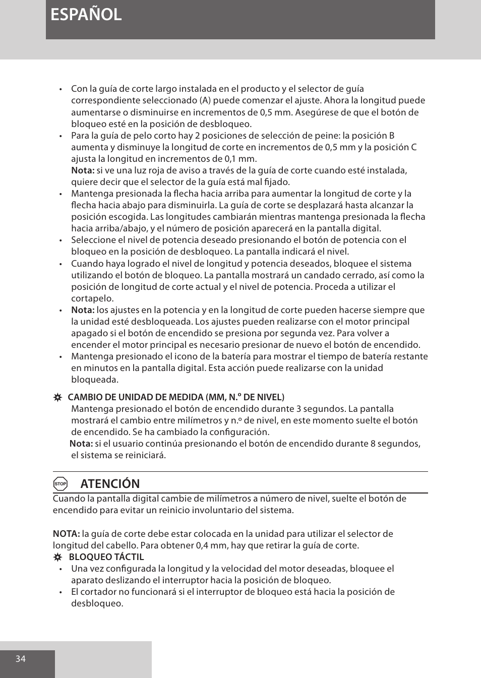 Español, Aatención | Remington HC5950 User Manual | Page 34 / 158