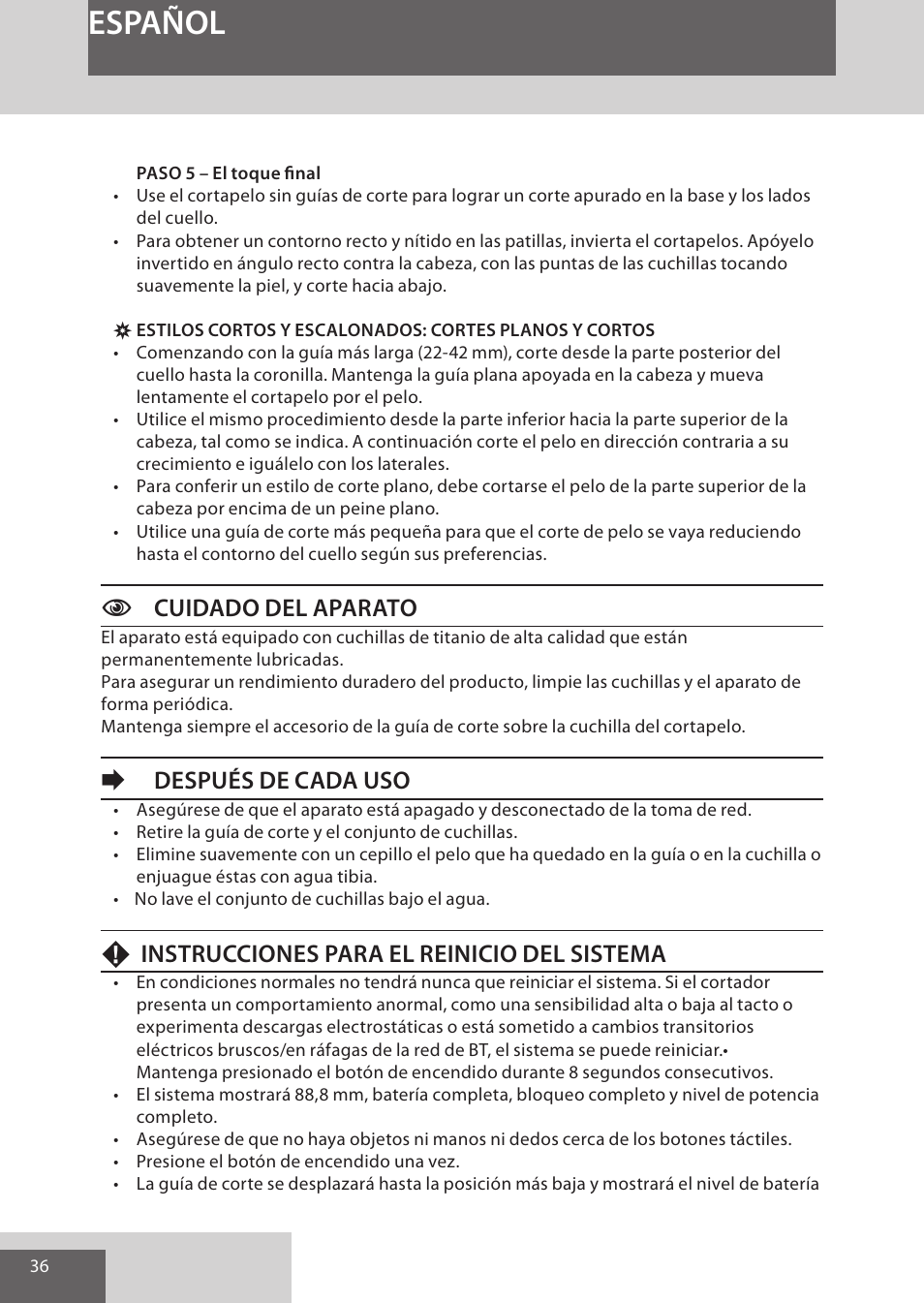 Español, Ccuidado del aparato, Edespués de cada uso | Finstrucciones para el reinicio del sistema | Remington HC5950 User Manual | Page 36 / 158