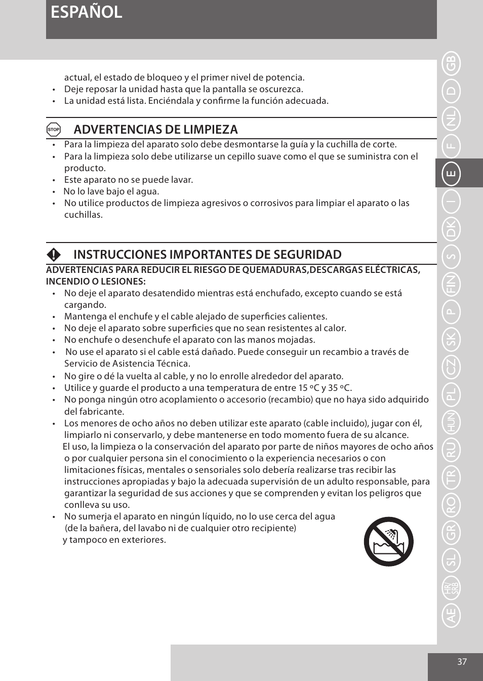 Español, Aadvertencias de limpieza, Finstrucciones importantes de seguridad | Remington HC5950 User Manual | Page 37 / 158