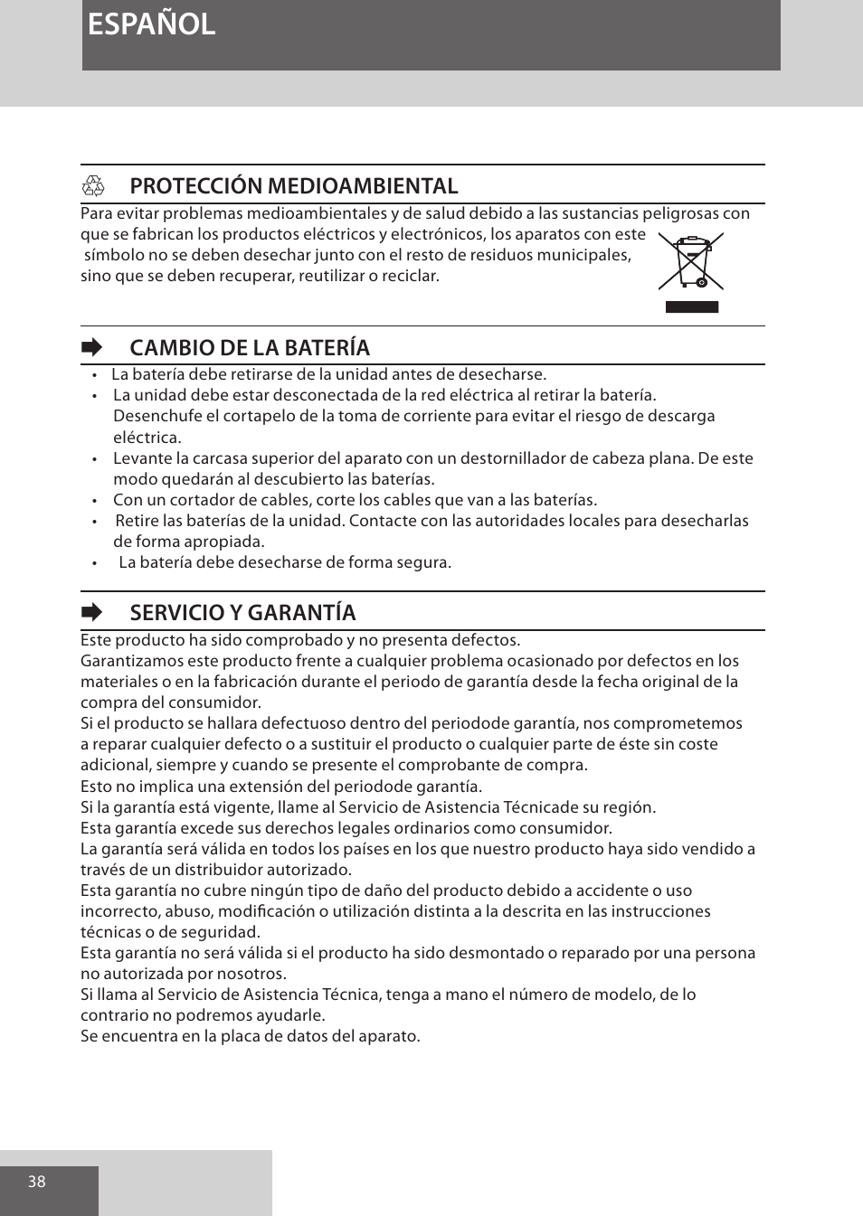 Español, Hprotección medioambiental, Ecambio de la batería | Eservicio y garantía | Remington HC5950 User Manual | Page 38 / 158