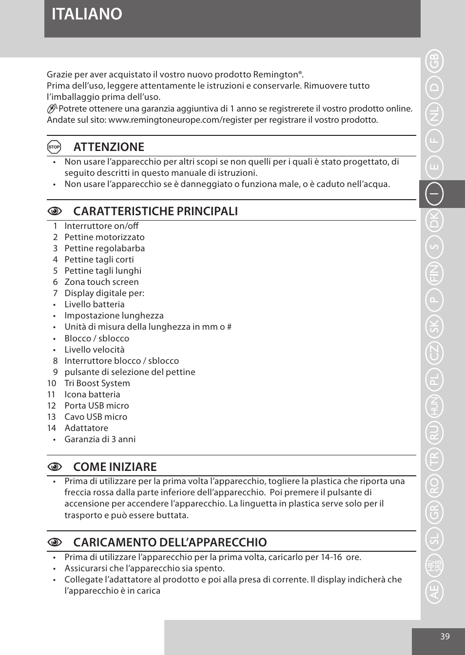 Italiano, Aattenzione, Ccaratteristiche principali | Ccome iniziare, Ccaricamento dell’apparecchio | Remington HC5950 User Manual | Page 39 / 158