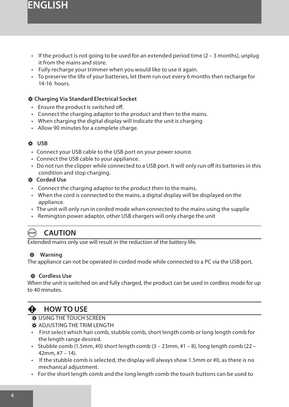 English, Acaution, Fhow to use | Remington HC5950 User Manual | Page 4 / 158