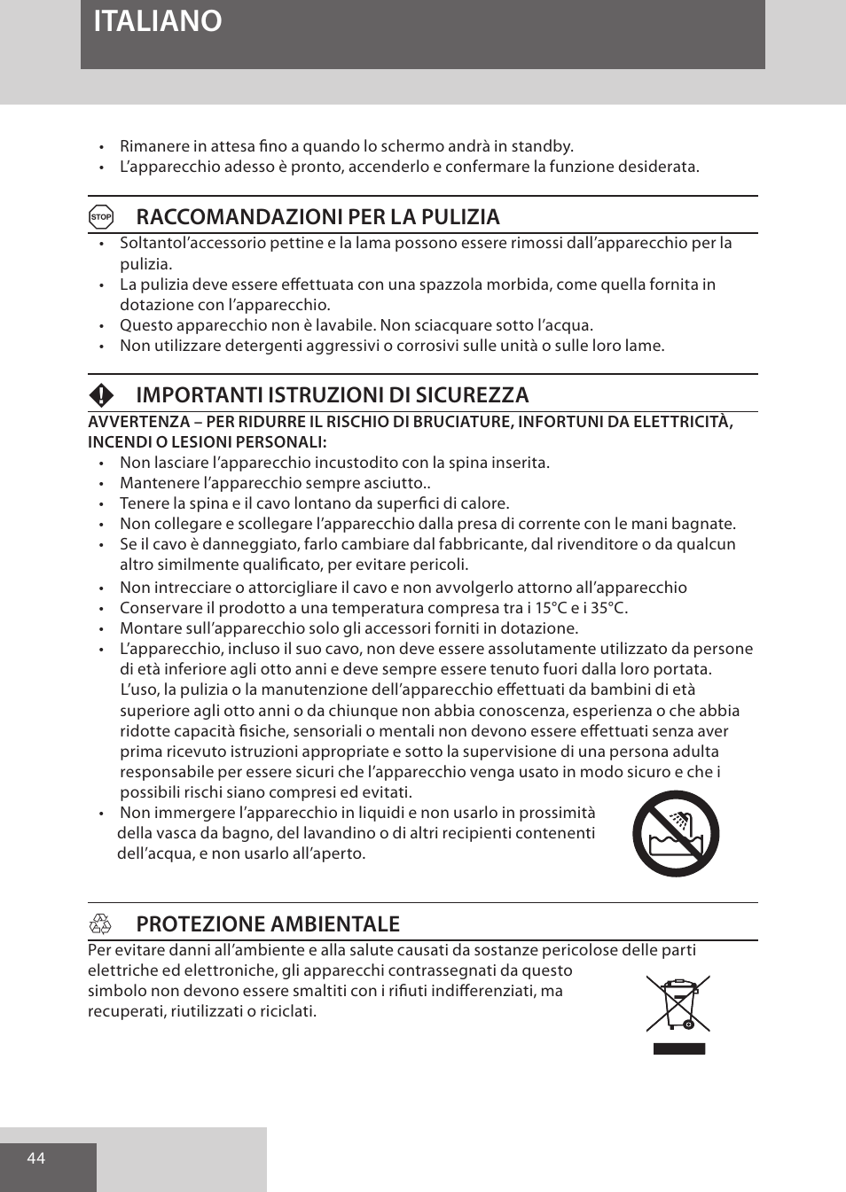 Italiano, Araccomandazioni per la pulizia, Fimportanti istruzioni di sicurezza | Hprotezione ambientale | Remington HC5950 User Manual | Page 44 / 158