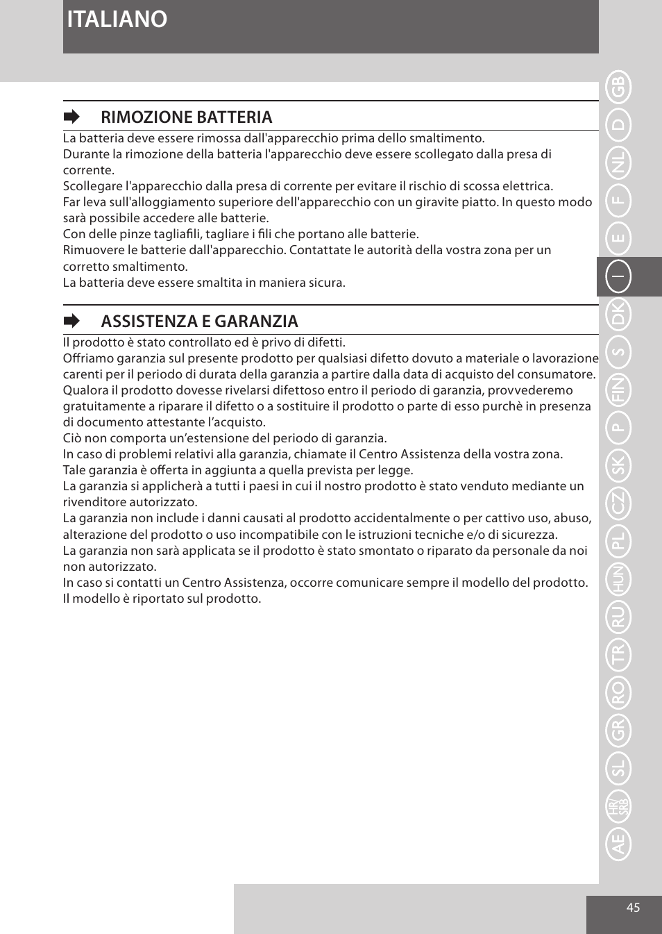 Italiano, Erimozione batteria, Eassistenza e garanzia | Remington HC5950 User Manual | Page 45 / 158