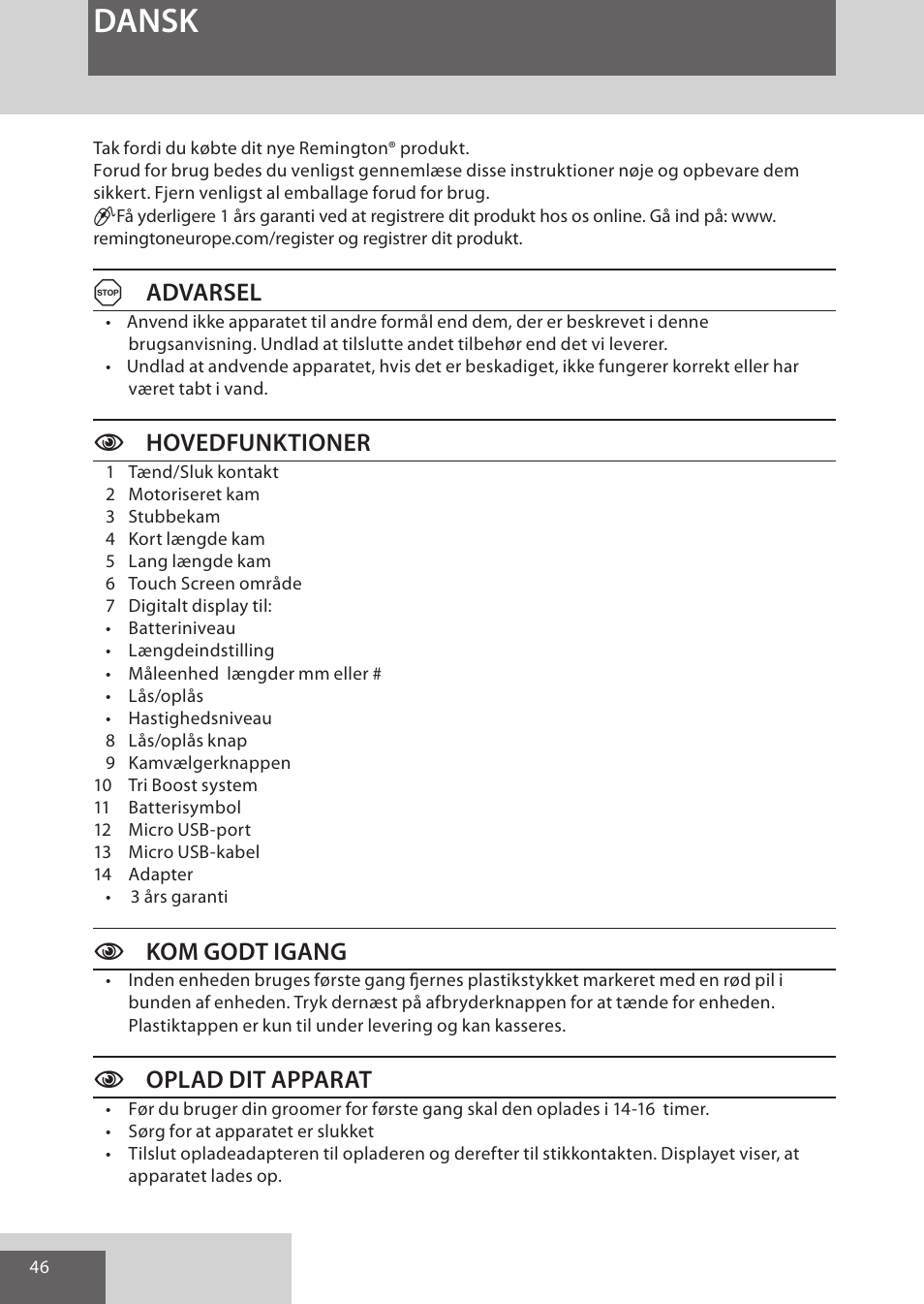 Dansk, Aadvarsel, Chovedfunktioner | Ckom godt igang, Coplad dit apparat | Remington HC5950 User Manual | Page 46 / 158