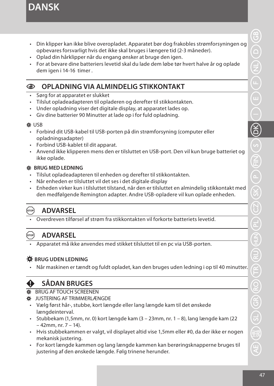 Dansk, Copladning via almindelig stikkontakt, Aadvarsel | Fsådan bruges | Remington HC5950 User Manual | Page 47 / 158