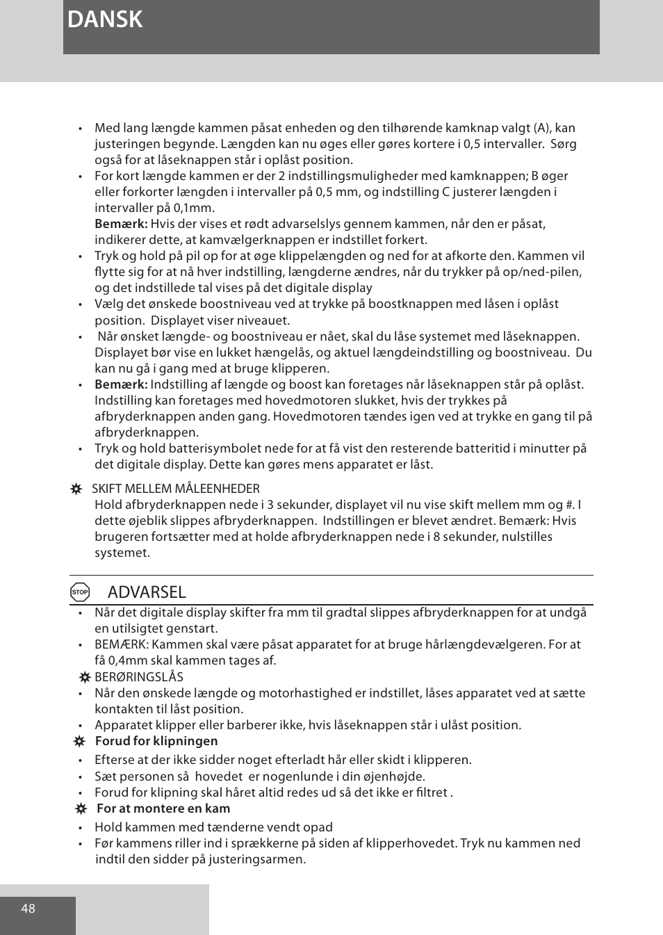 Dansk, Aadvarsel | Remington HC5950 User Manual | Page 48 / 158