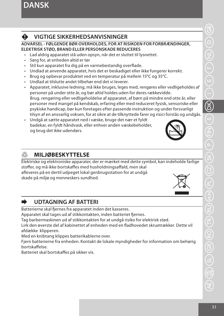 Dansk, Fvigtige sikkerhedsanvisninger, Hmiljøbeskyttelse | Eudtagning af batteri | Remington HC5950 User Manual | Page 51 / 158