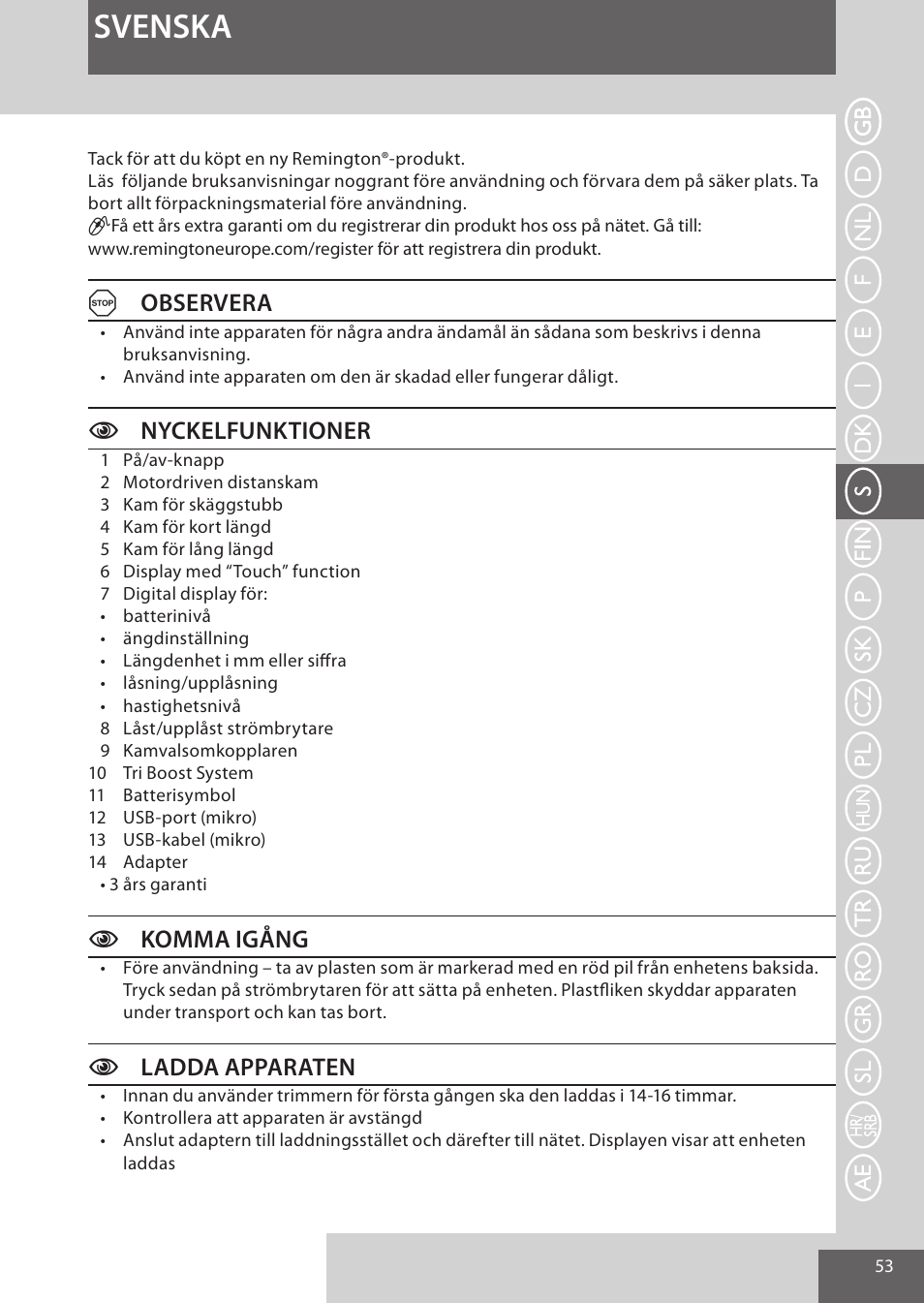 Svenska, Aobservera, Cnyckelfunktioner | Ckomma igång, Cladda apparaten | Remington HC5950 User Manual | Page 53 / 158