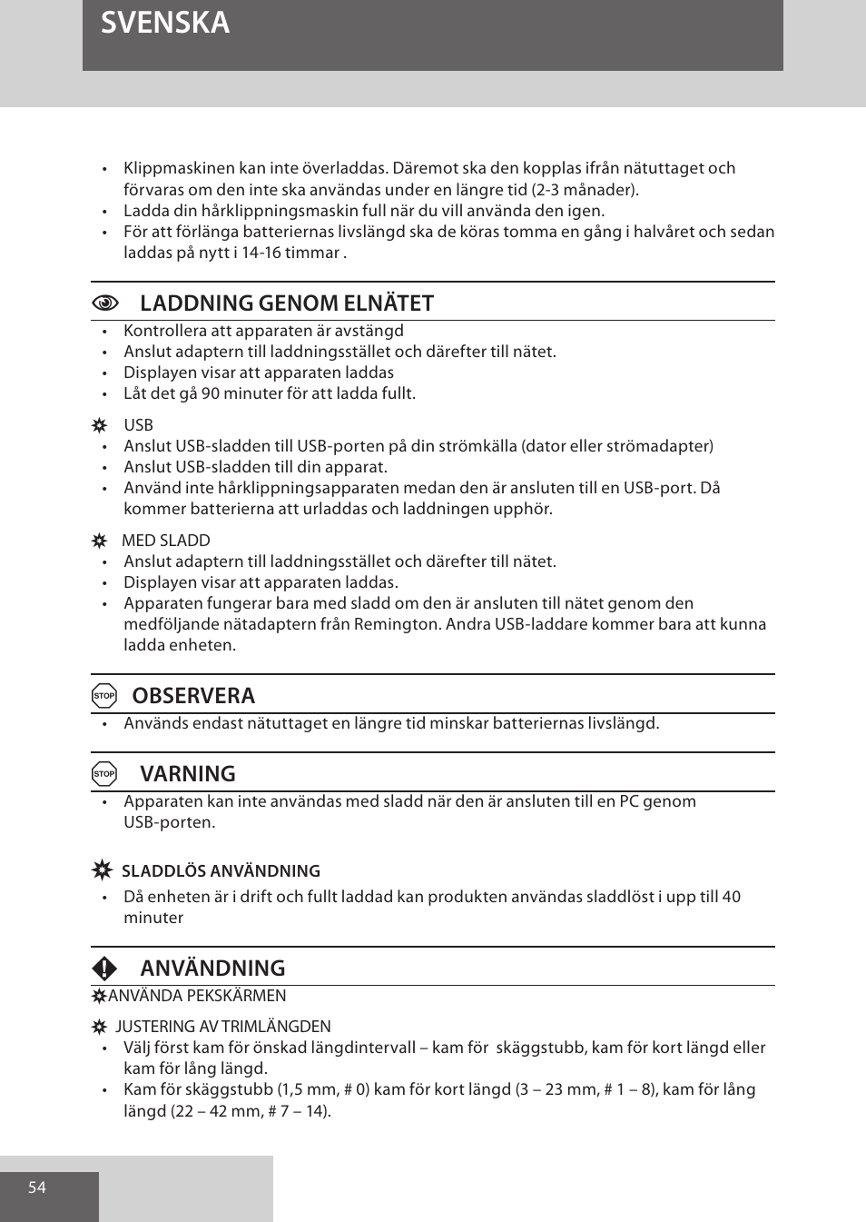 Svenska, Claddning genom elnätet, Aobservera | Avarning, Fanvändning | Remington HC5950 User Manual | Page 54 / 158