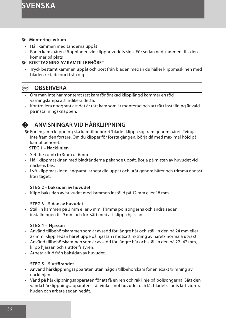 Svenska, Aobservera, Fanvisningar vid hårklippning | Remington HC5950 User Manual | Page 56 / 158