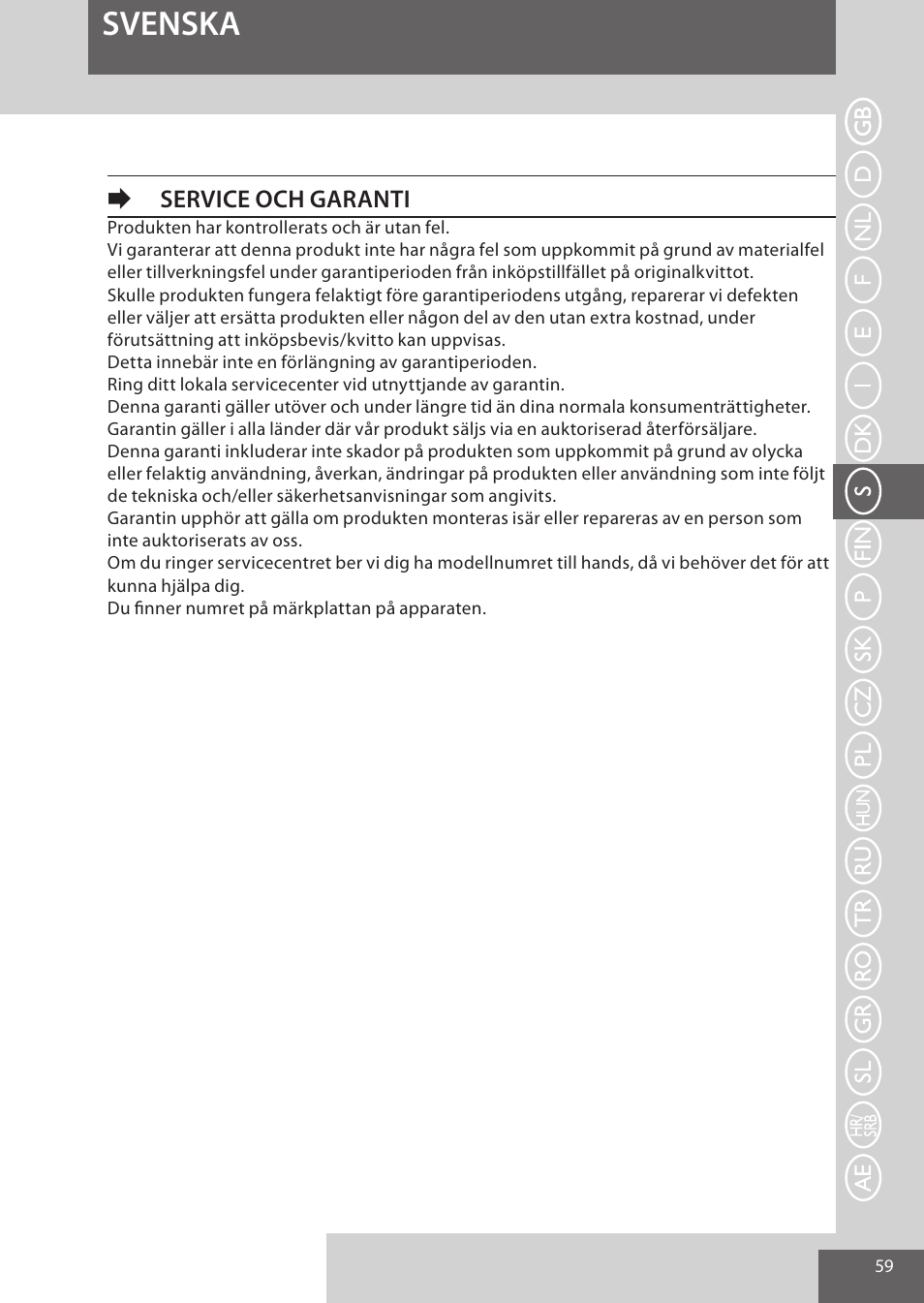 Svenska, Eservice och garanti | Remington HC5950 User Manual | Page 59 / 158