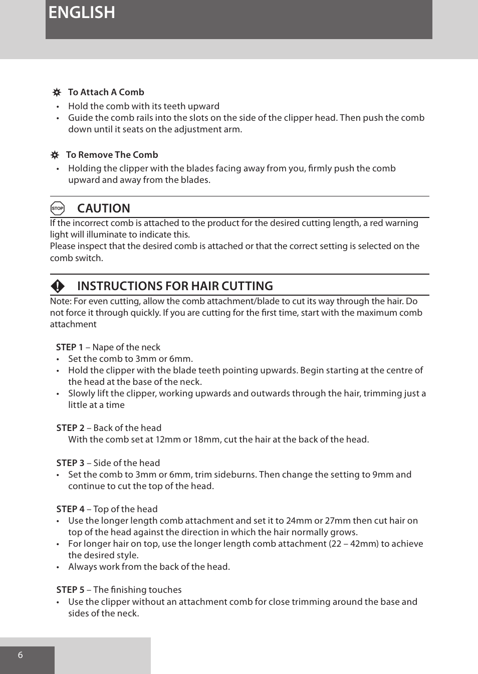 English, Acaution, Finstructions for hair cutting | Remington HC5950 User Manual | Page 6 / 158