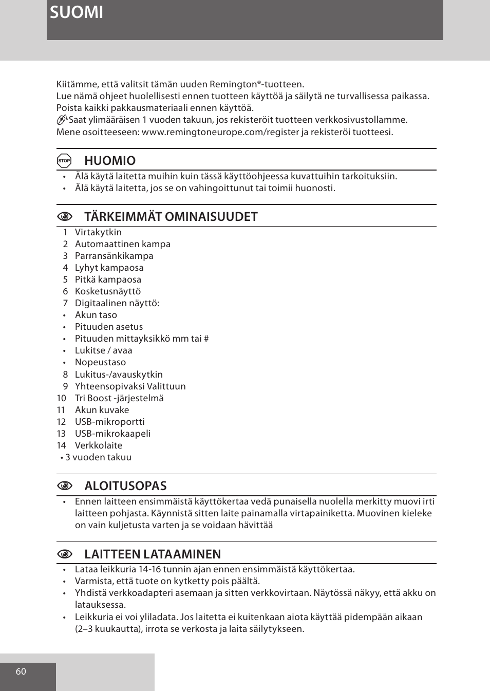 Suomi, Ahuomio, Ctärkeimmät ominaisuudet | Caloitusopas, Claitteen lataaminen | Remington HC5950 User Manual | Page 60 / 158