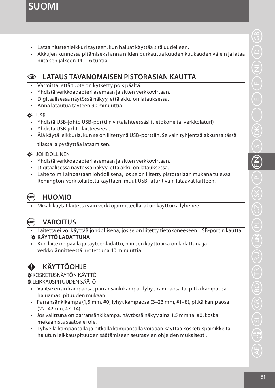 Suomi, Clataus tavanomaisen pistorasian kautta, Ahuomio | Avaroitus, Fkäyttöohje | Remington HC5950 User Manual | Page 61 / 158