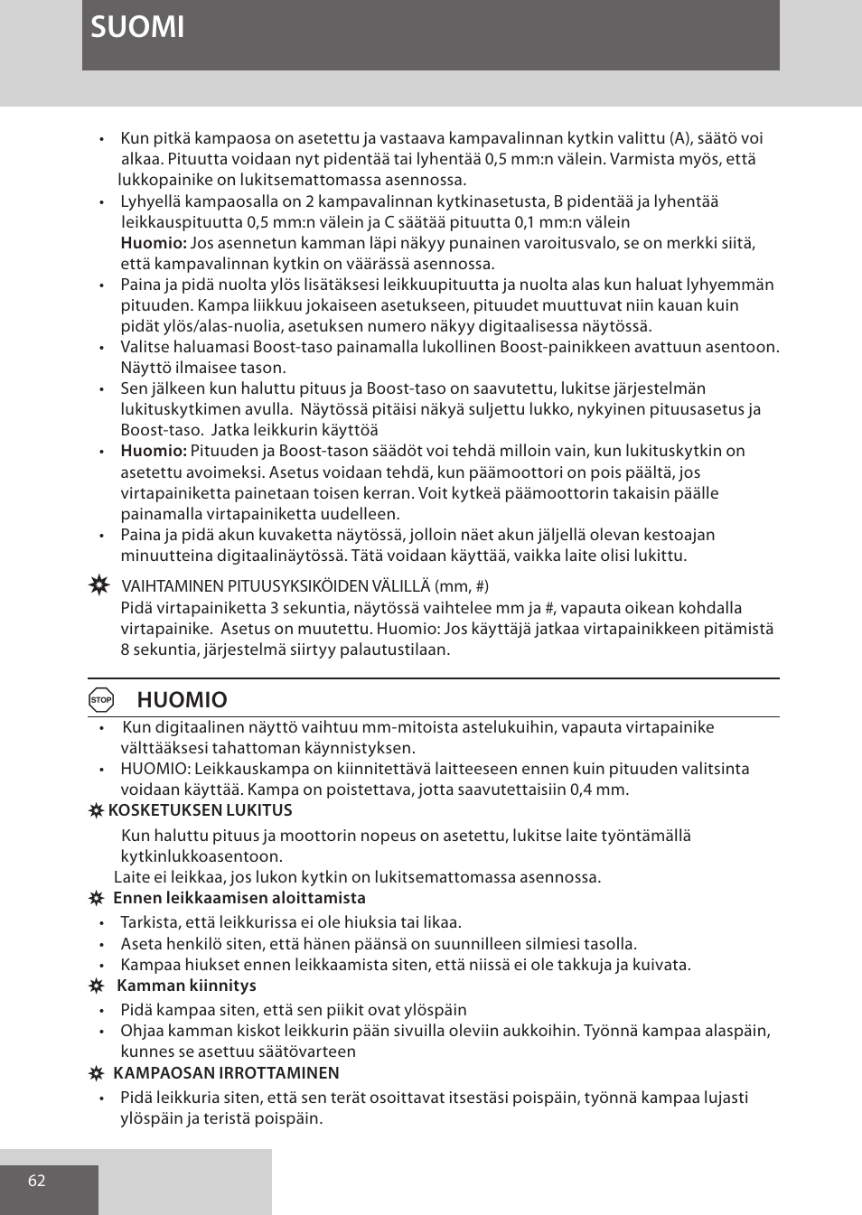 Suomi, Ahuomio | Remington HC5950 User Manual | Page 62 / 158