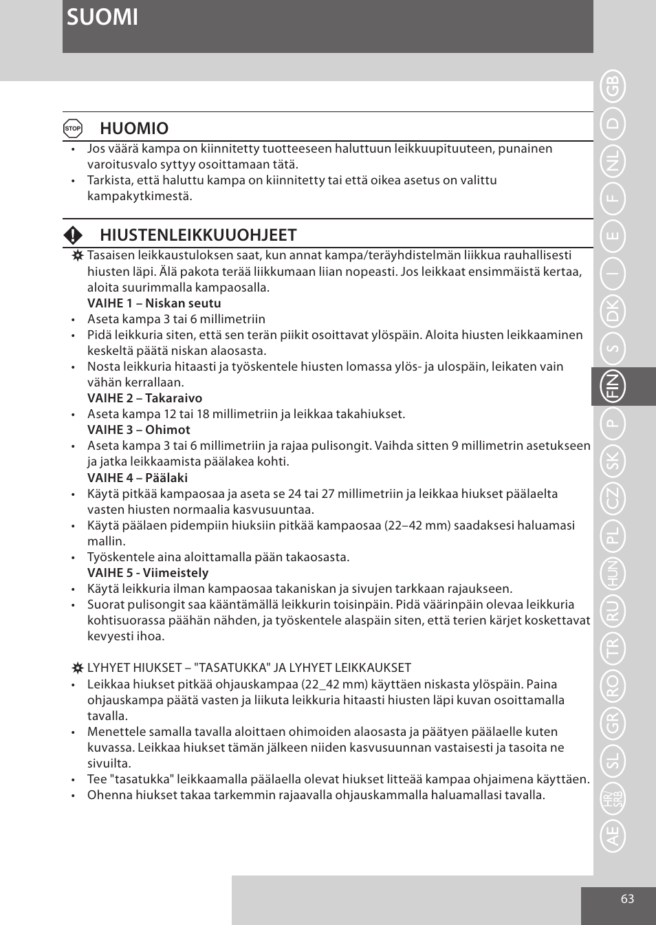 Suomi, Ahuomio, Fhiustenleikkuuohjeet | Remington HC5950 User Manual | Page 63 / 158