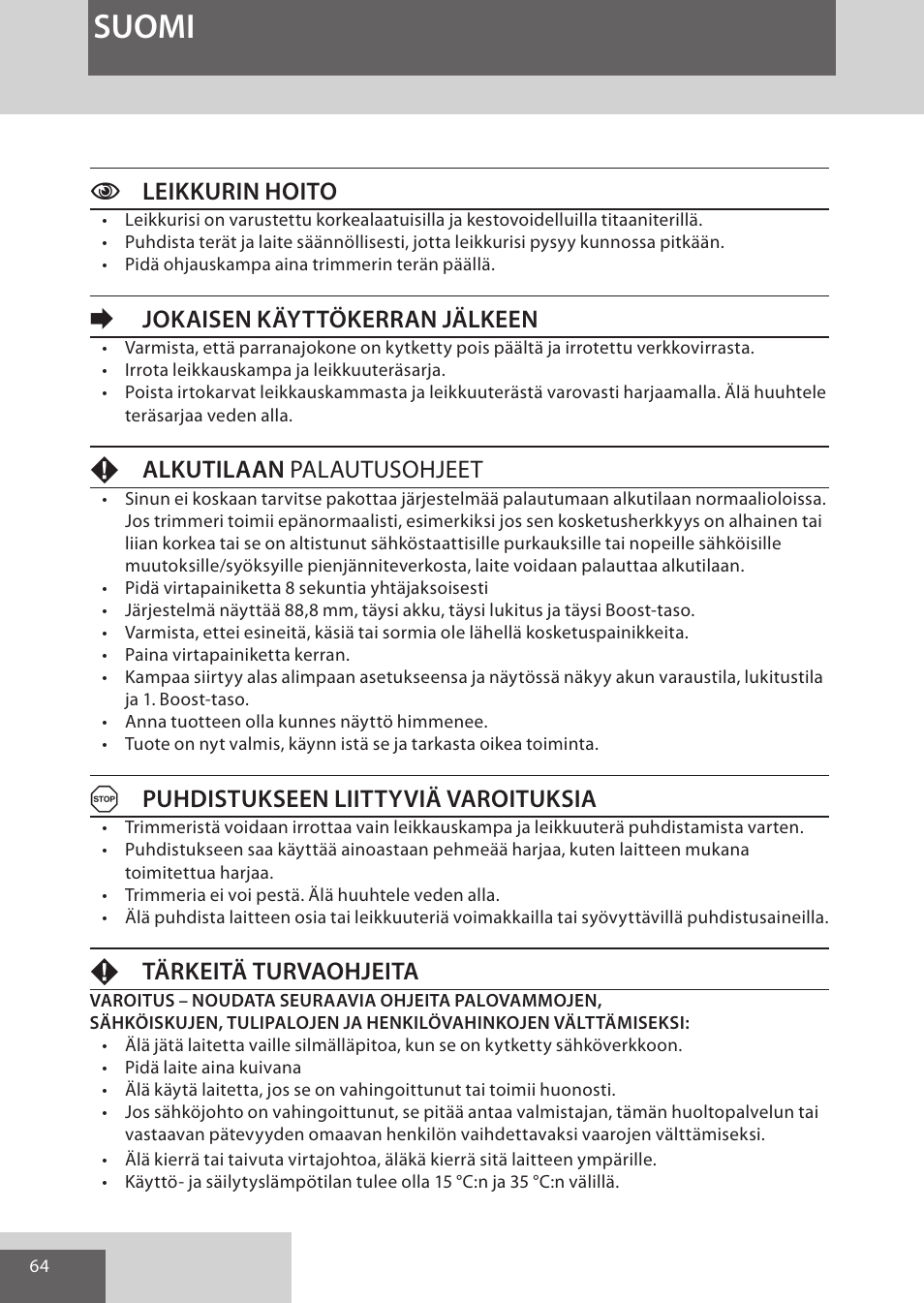 Suomi, Cleikkurin hoito, Ejokaisen käyttökerran jälkeen | Falkutilaan palautusohjeet, Apuhdistukseen liittyviä varoituksia, Ftärkeitä turvaohjeita | Remington HC5950 User Manual | Page 64 / 158