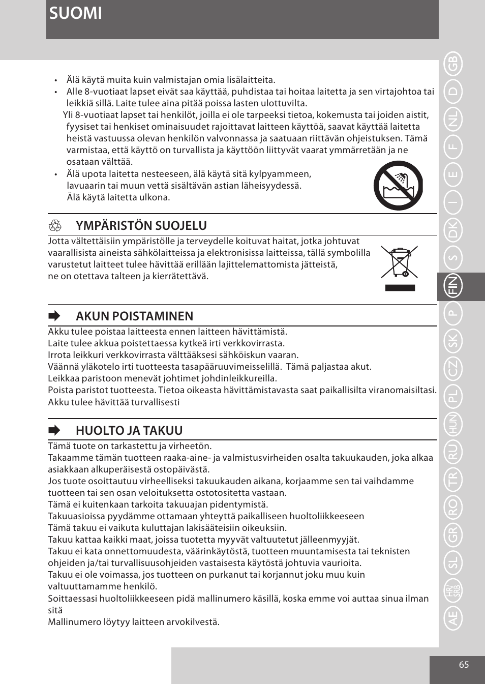 Suomi, Hympäristön suojelu, Eakun poistaminen | Ehuolto ja takuu | Remington HC5950 User Manual | Page 65 / 158