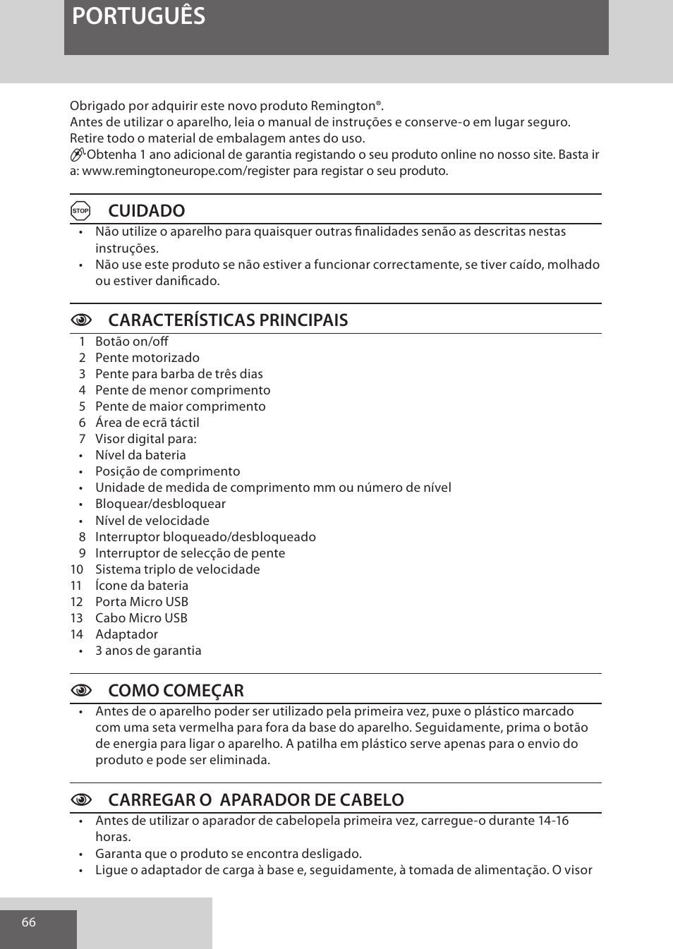 Português, Acuidado, Ccaracterísticas principais | Ccomo começar, Ccarregar o aparador de cabelo | Remington HC5950 User Manual | Page 66 / 158