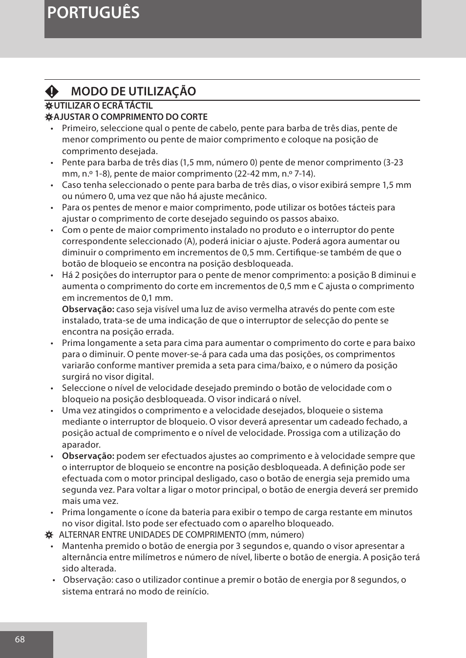 Português, Fmodo de utilização | Remington HC5950 User Manual | Page 68 / 158