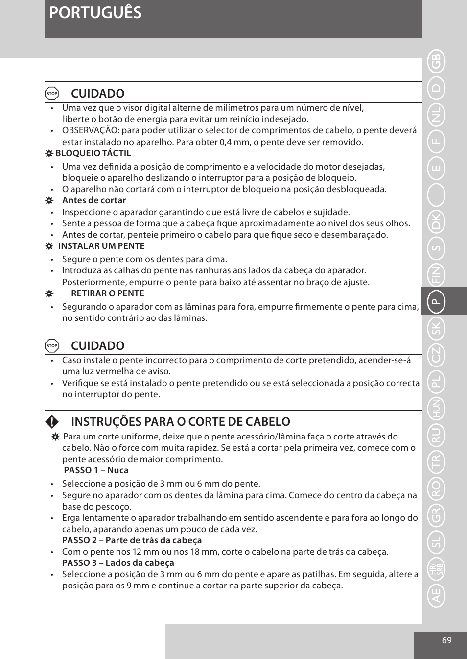 Português, Acuidado, Finstruções para o corte de cabelo | Remington HC5950 User Manual | Page 69 / 158