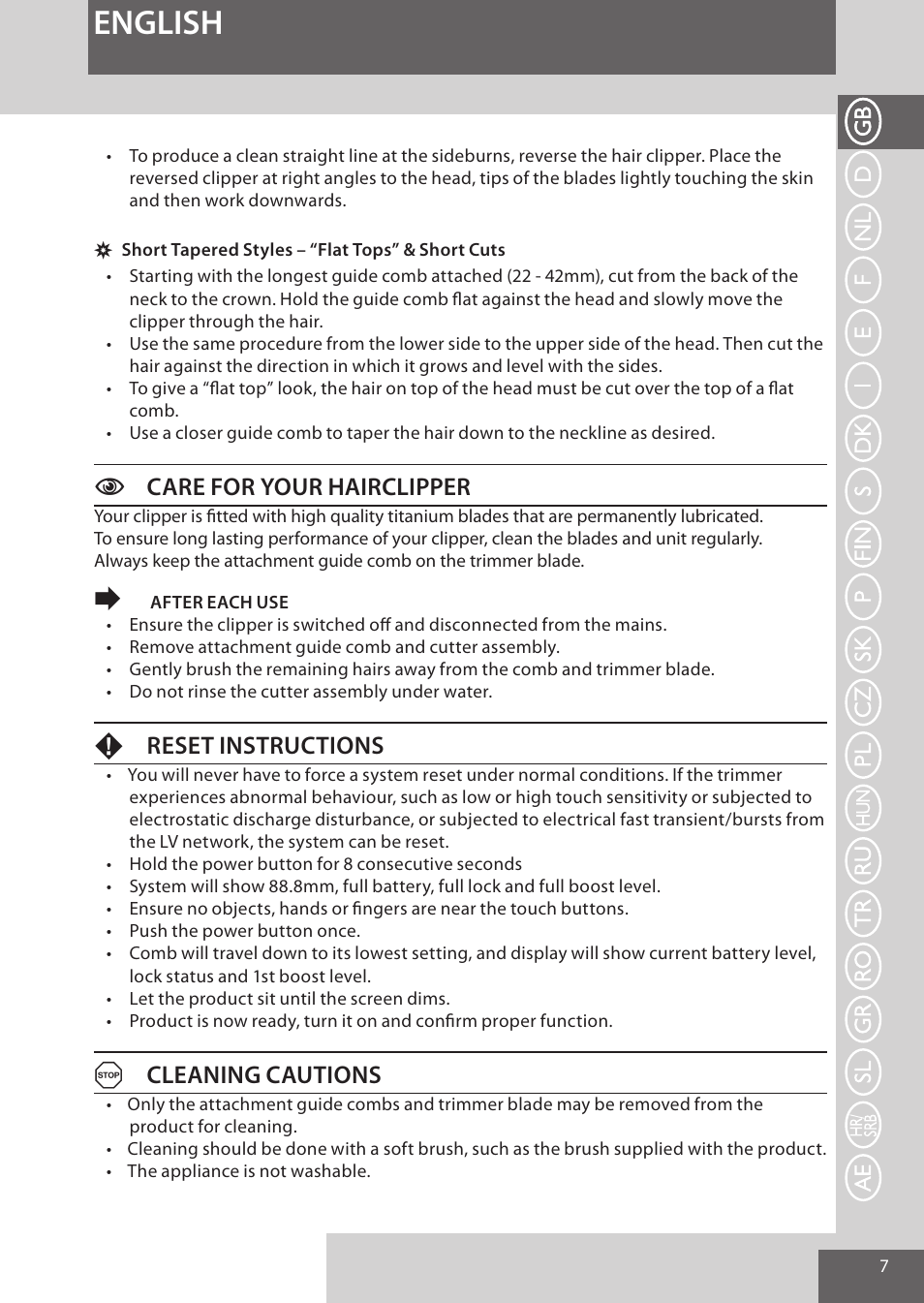 English, Ccare for your hairclipper, Freset instructions | Acleaning cautions | Remington HC5950 User Manual | Page 7 / 158