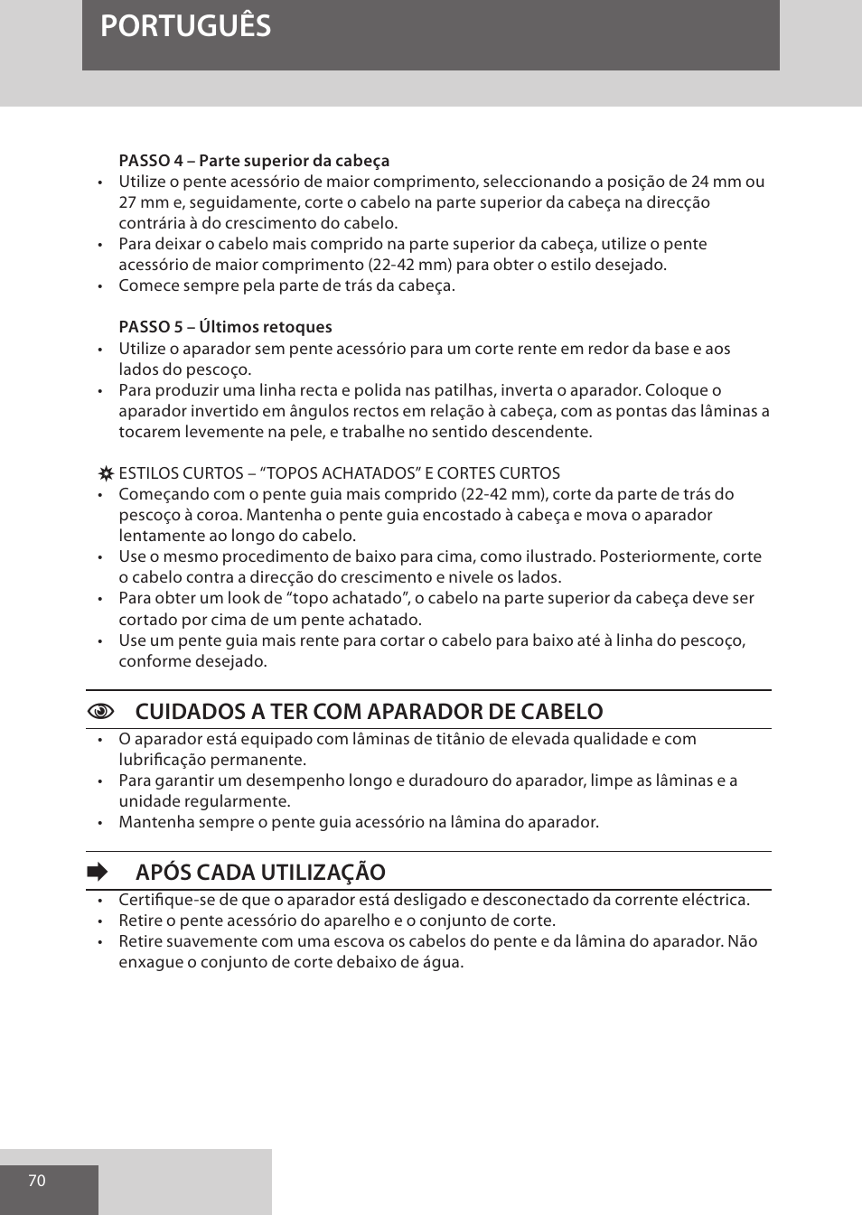 Português, Ccuidados a ter com aparador de cabelo, Eapós cada utilização | Remington HC5950 User Manual | Page 70 / 158