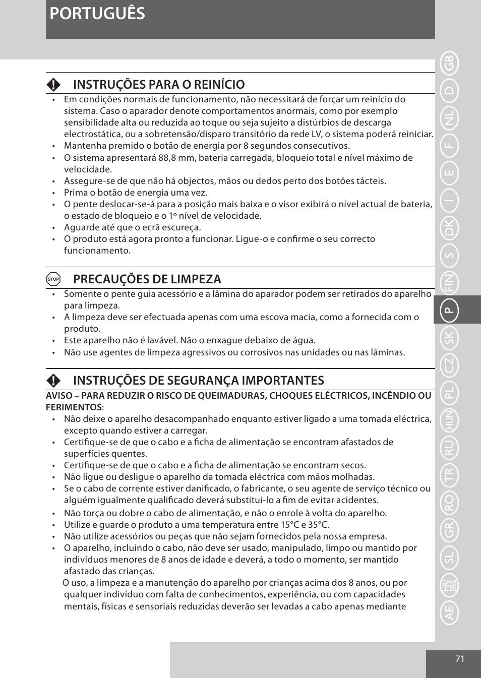 Português, Finstruções para o reinício, Aprecauções de limpeza | Finstruções de segurança importantes | Remington HC5950 User Manual | Page 71 / 158