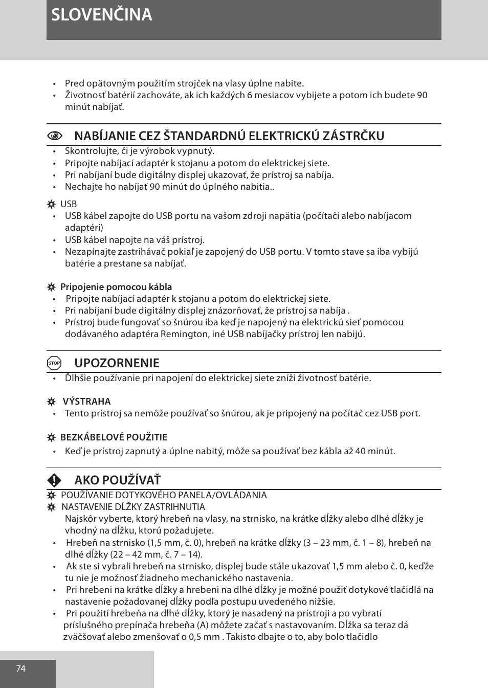 Slovenčina, Cnabíjanie cez štandardnú elektrickú zástrčku, Aupozornenie | Fako používať | Remington HC5950 User Manual | Page 74 / 158