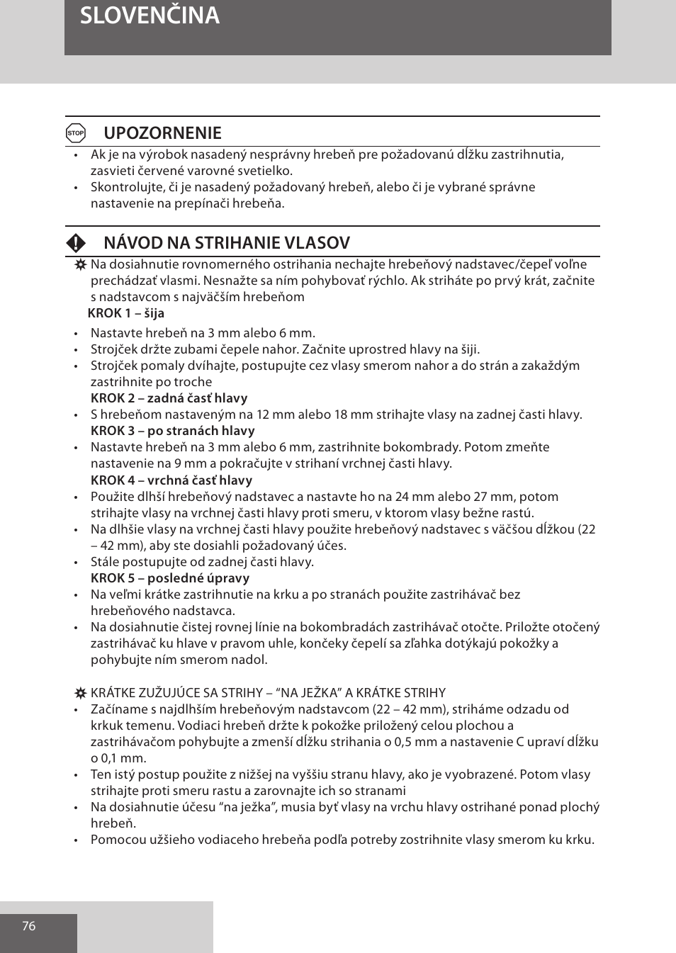 Slovenčina, Aupozornenie, Fnávod na strihanie vlasov | Remington HC5950 User Manual | Page 76 / 158