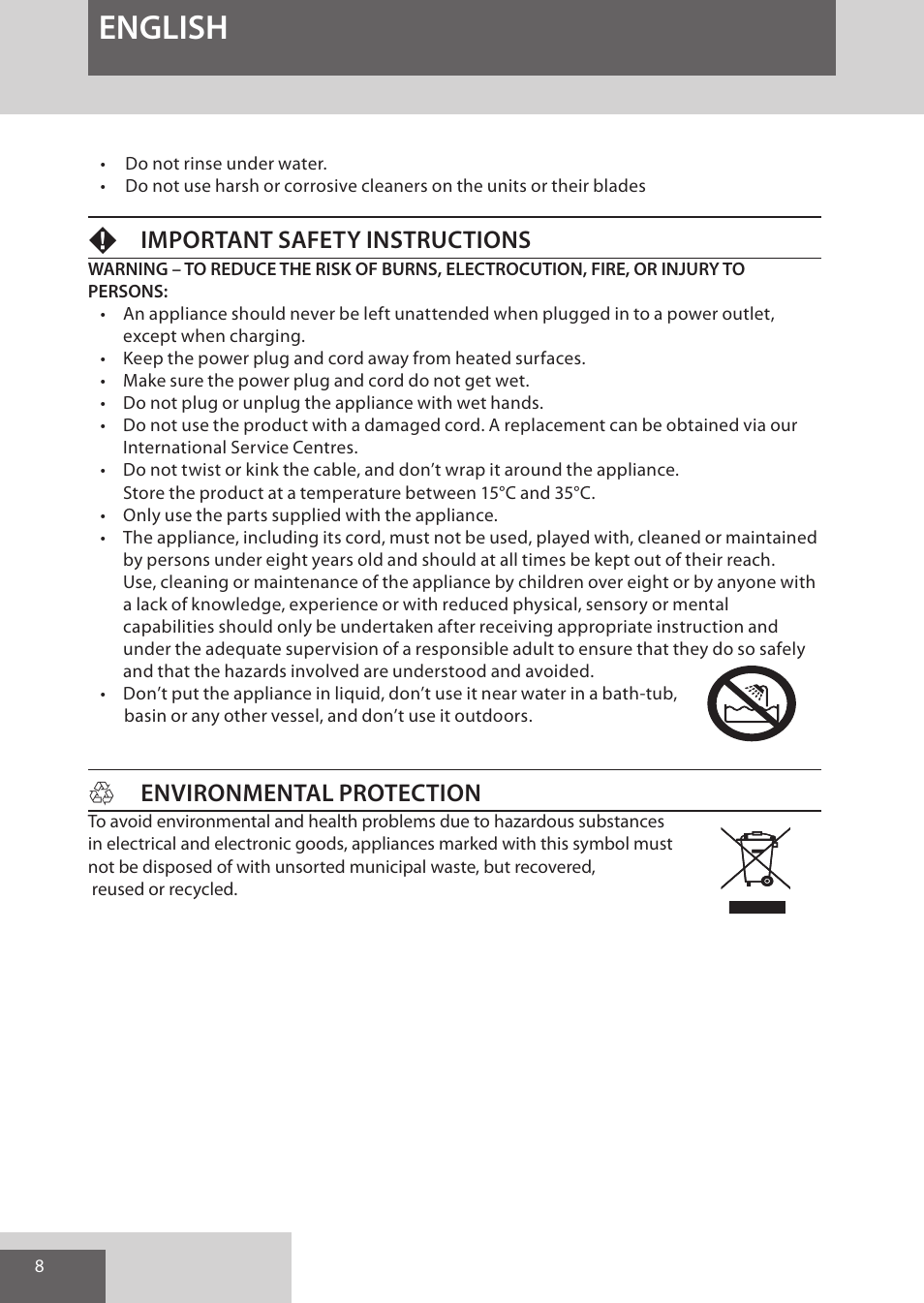 English, Fimportant safety instructions, Henvironmental protection | Remington HC5950 User Manual | Page 8 / 158