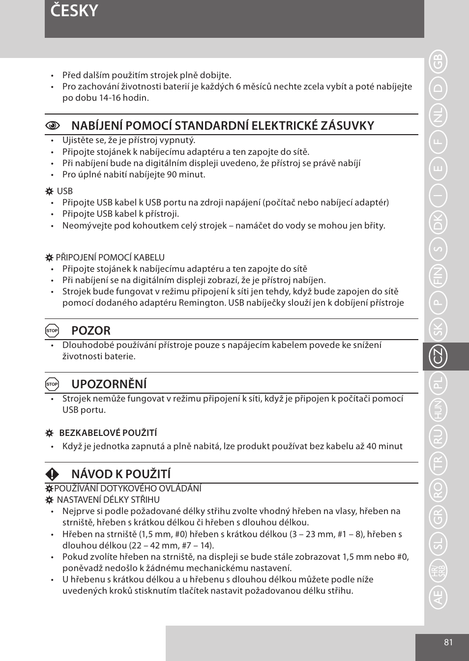 Česky, Cnabíjení pomocí standardní elektrické zásuvky, Apozor | Aupozornění, Fnávod k použití | Remington HC5950 User Manual | Page 81 / 158