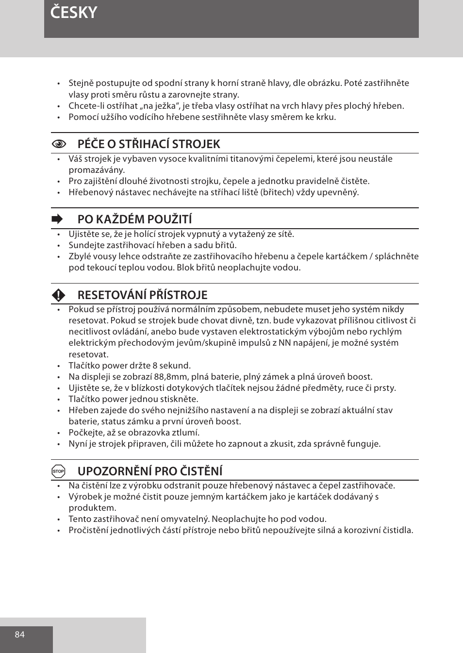 Česky, Cpéče o střihací strojek, Epo každém použití | Fresetování přístroje, Aupozornění pro čistění | Remington HC5950 User Manual | Page 84 / 158