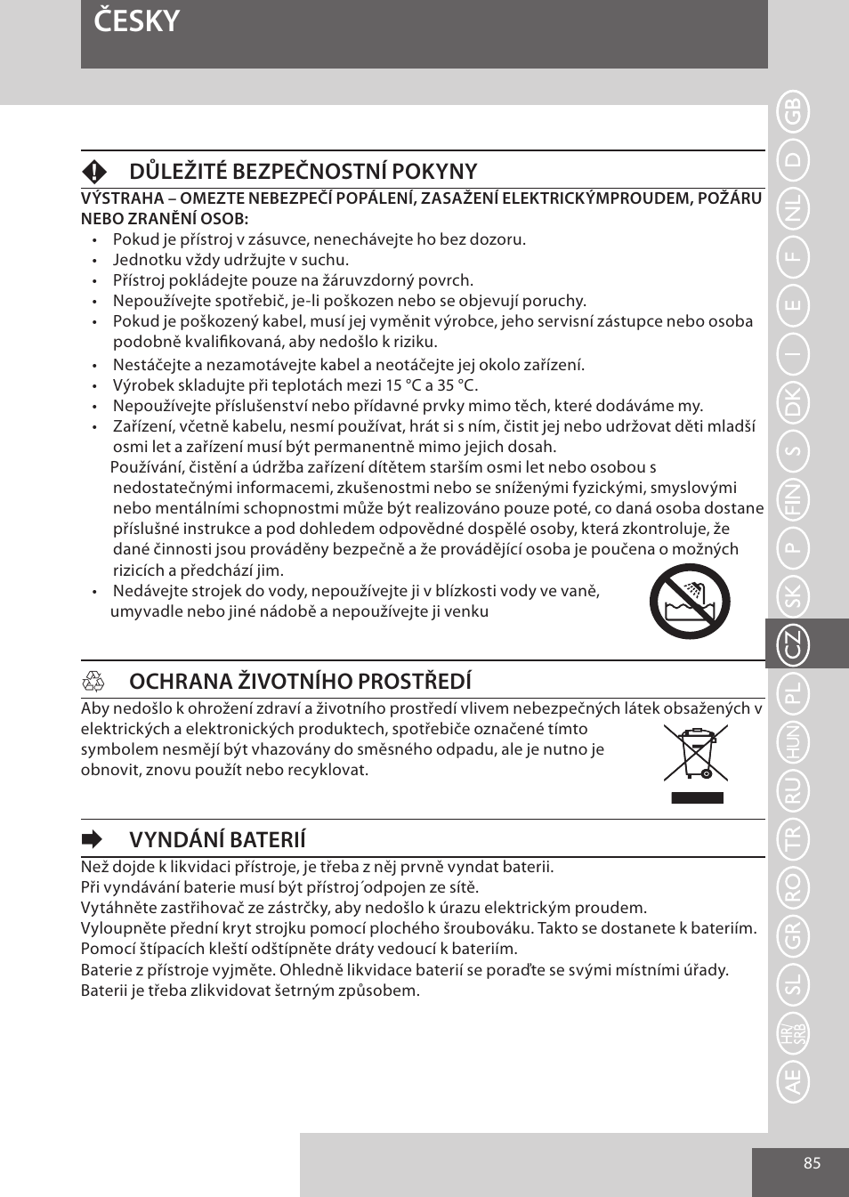 Česky, Fdůležité bezpečnostní pokyny, Hochrana životního prostředí | Evyndání baterií | Remington HC5950 User Manual | Page 85 / 158