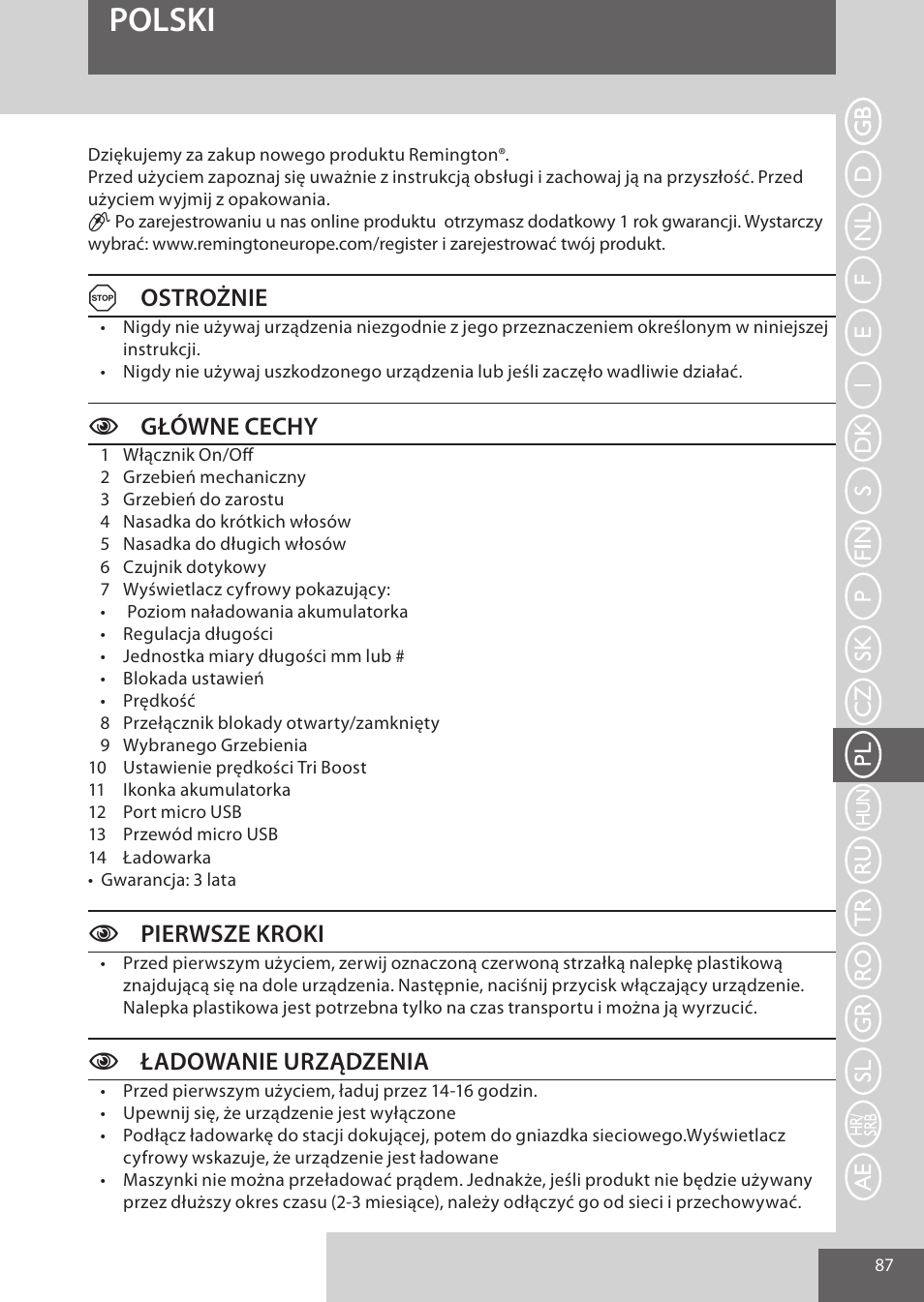 Polski, Aostrożnie, Cgłówne cechy | Cpierwsze kroki, Cładowanie urządzenia | Remington HC5950 User Manual | Page 87 / 158