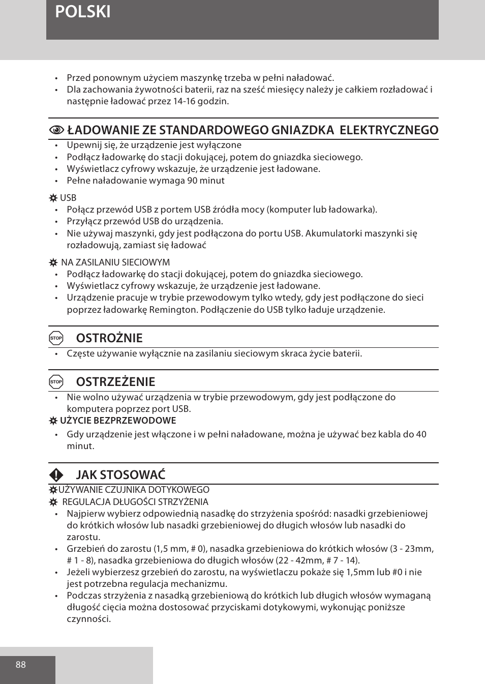 Polski, Cładowanie ze standardowego gniazdka elektrycznego, Aostrożnie | Aostrzeżenie, Fjak stosować | Remington HC5950 User Manual | Page 88 / 158